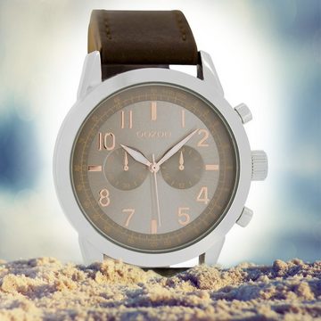 OOZOO Quarzuhr Oozoo Herren Armband-Uhr braun, (Analoguhr), Herrenuhr rund, groß (ca. 43mm) Lederarmband, Fashion-Style