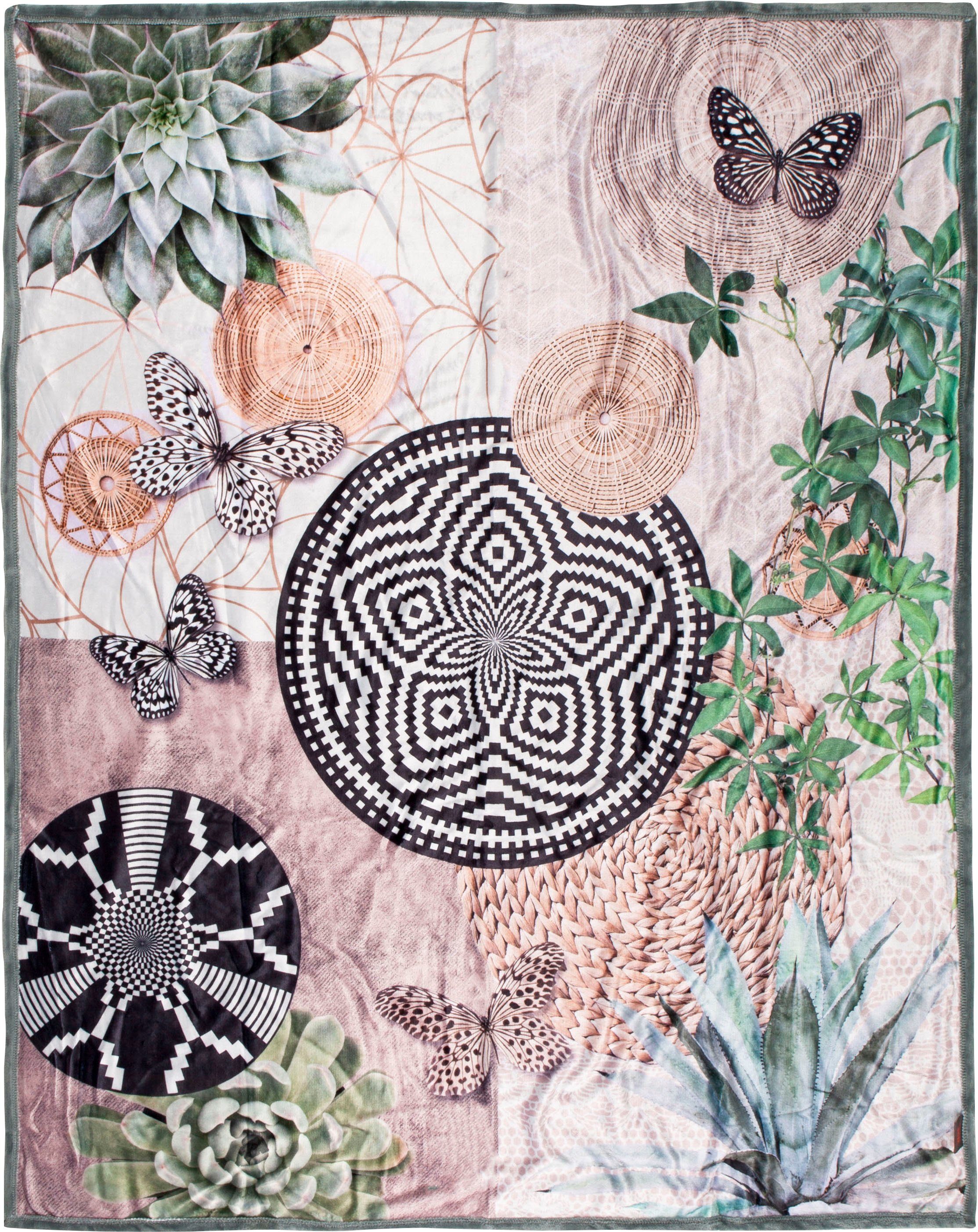 Plaid Skylar, hip, Sehr Weich, Kuscheldecke, 130x160 cm, Wendeoptik, Mandala, Sand, Grün