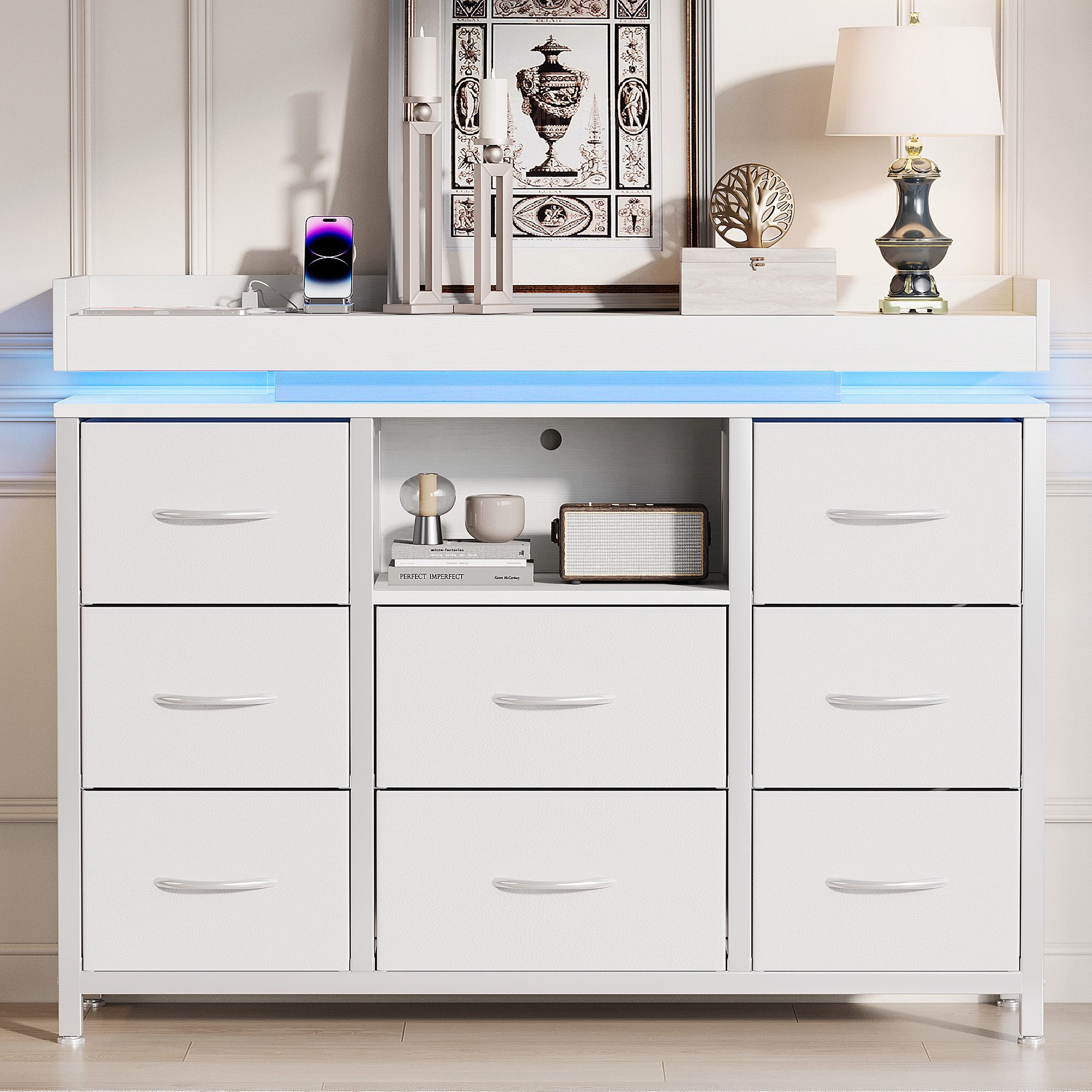 FUROKOY TV-Schrank Kommode mit 8 Schubladen aus Stoff (Fernsehschrank Sideboard Metallgestell, Industrie-Design) für Schlafzimmer Wohnzimmer Flur, 108 x 30 x 82cm