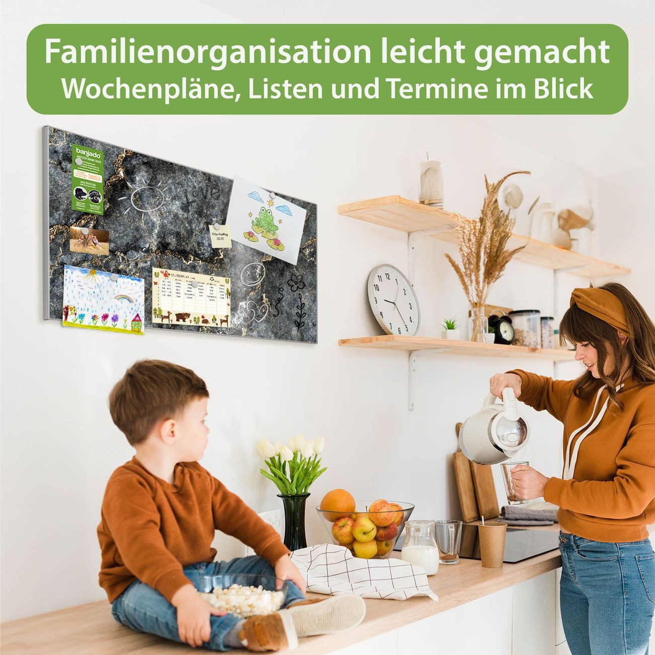 banjado Magnettafel Grau aus Stahl Querformat mit Motiv grauer Marmor mit Gold 2, (inkl. 4 Magnete, Stahlmagnettafel)