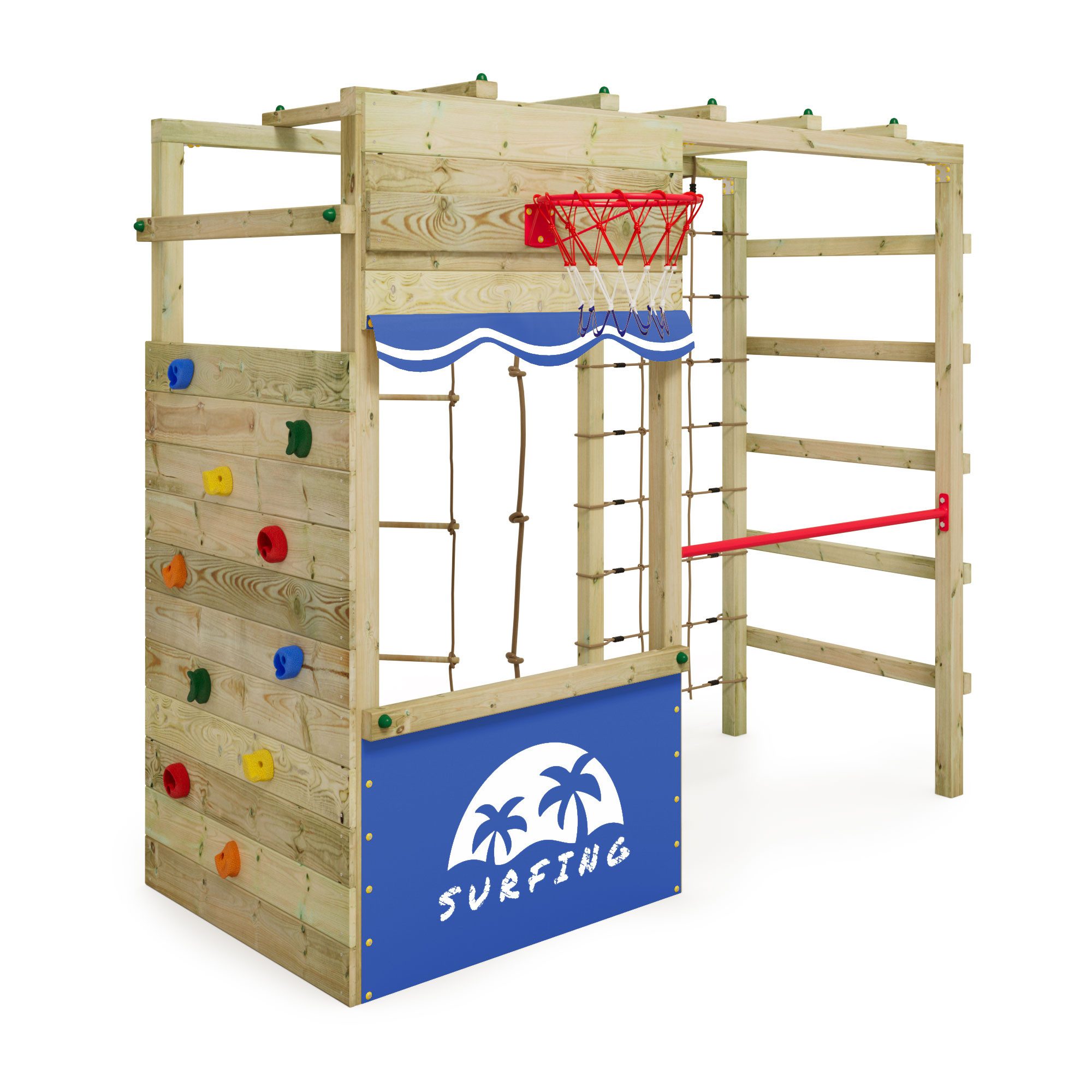 Wickey Klettergerüst Smart Action mit Kletterwand & Hangelbrücke, (Komplettes Outdoor-Klettergerüst mit Kletternetz & Reckstange – fördert Bewegung & Geschicklichkeit!, Holzspielplatz mit vielen Extras – ideal für kreative & aktive Kinder), langlebig & wetterfest mit 10 Jahren Garantie*