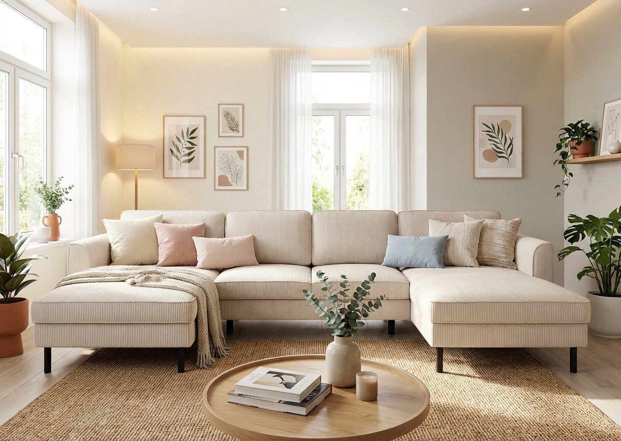Home affaire Wohnlandschaft Booster II, whlw. mit Schlaffunktion & Bettkasten, Fuß schwarz, Sofa in U-Form, Breite 305 cm, in Cord oder Struktur LEO o. LINO