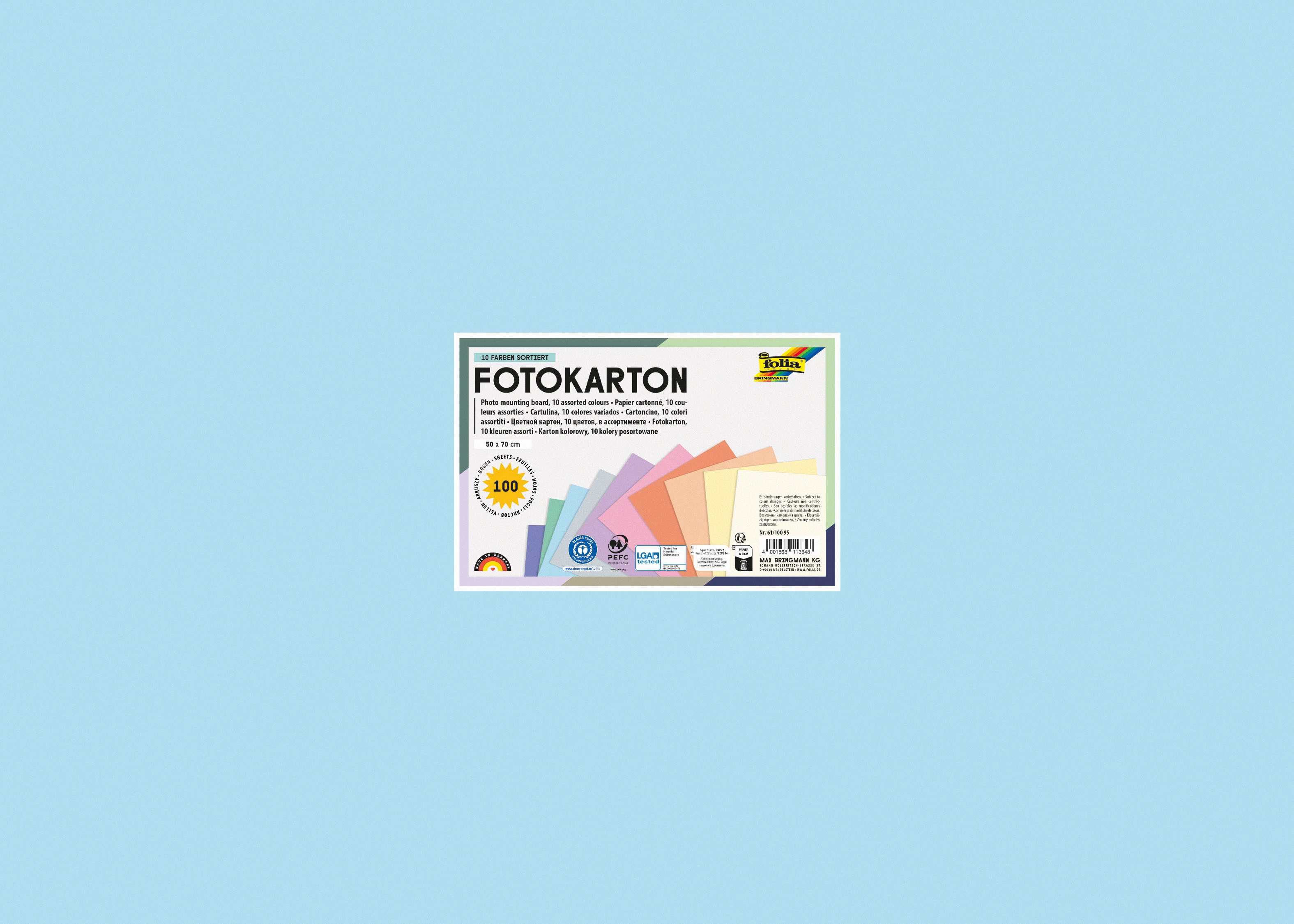 Folia Bastelkartonpapier Fotokarton, Pastell, 300 g/m², 50 x 70 cm, 100 Bogen, 10 Farben