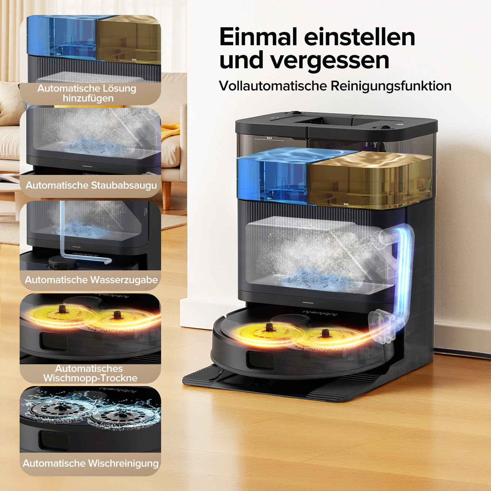lubluelu Saugroboter mit Wischfunktion S1000, 75°C Moppwäsche 10.000Pa, 40 W, Multifunktions-Dockingstation, Selbstreinigungsfunktion, 3-Liter-Staubbeutel