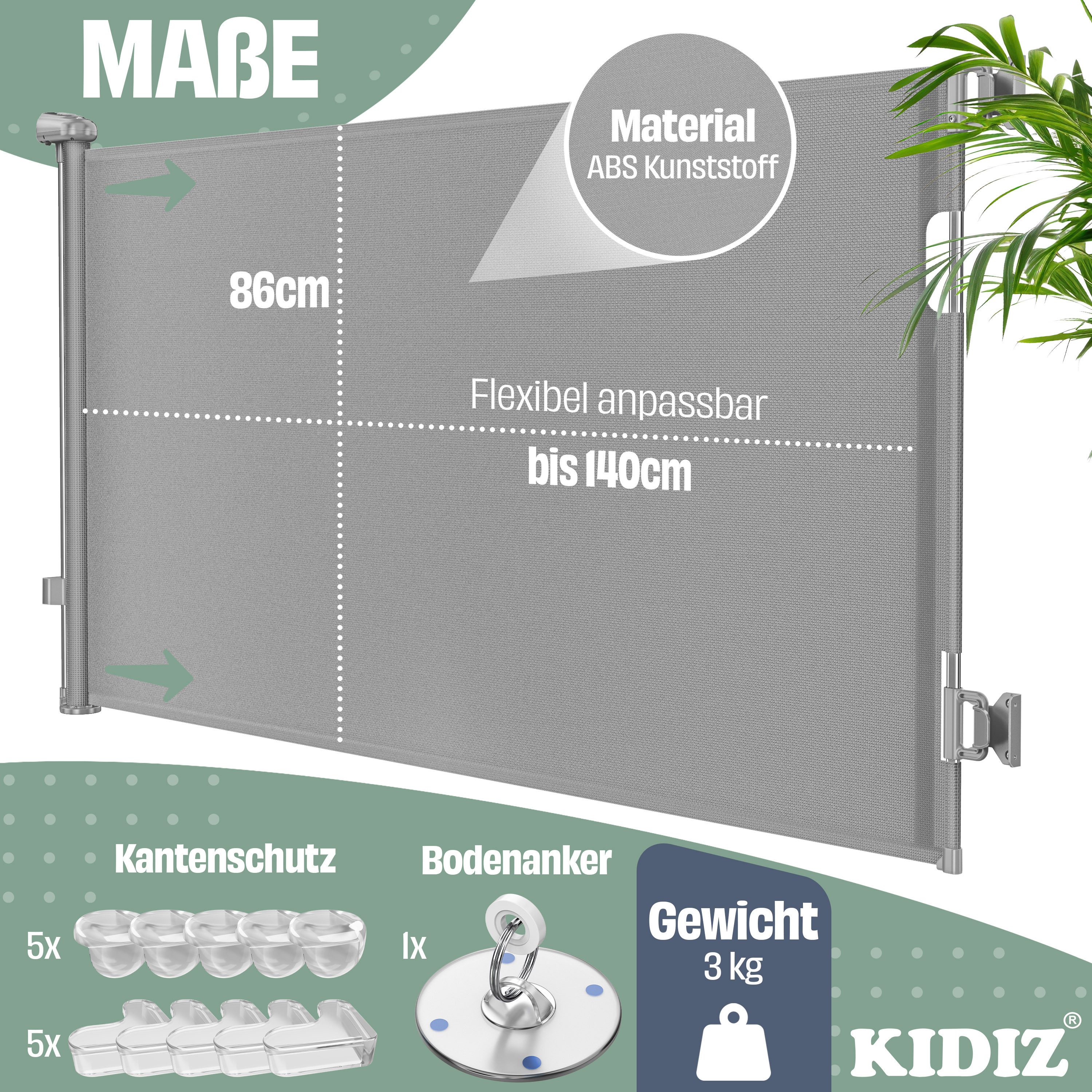 KIDIZ Türschutzgitter Treppenschutzgitter ausziehbar bis 140cm für Kinder, Babys & Haustiere (Schutzgitter für Treppen & Türen inkl. Bodenanker & Montagezubehör – Bild 2 von 5