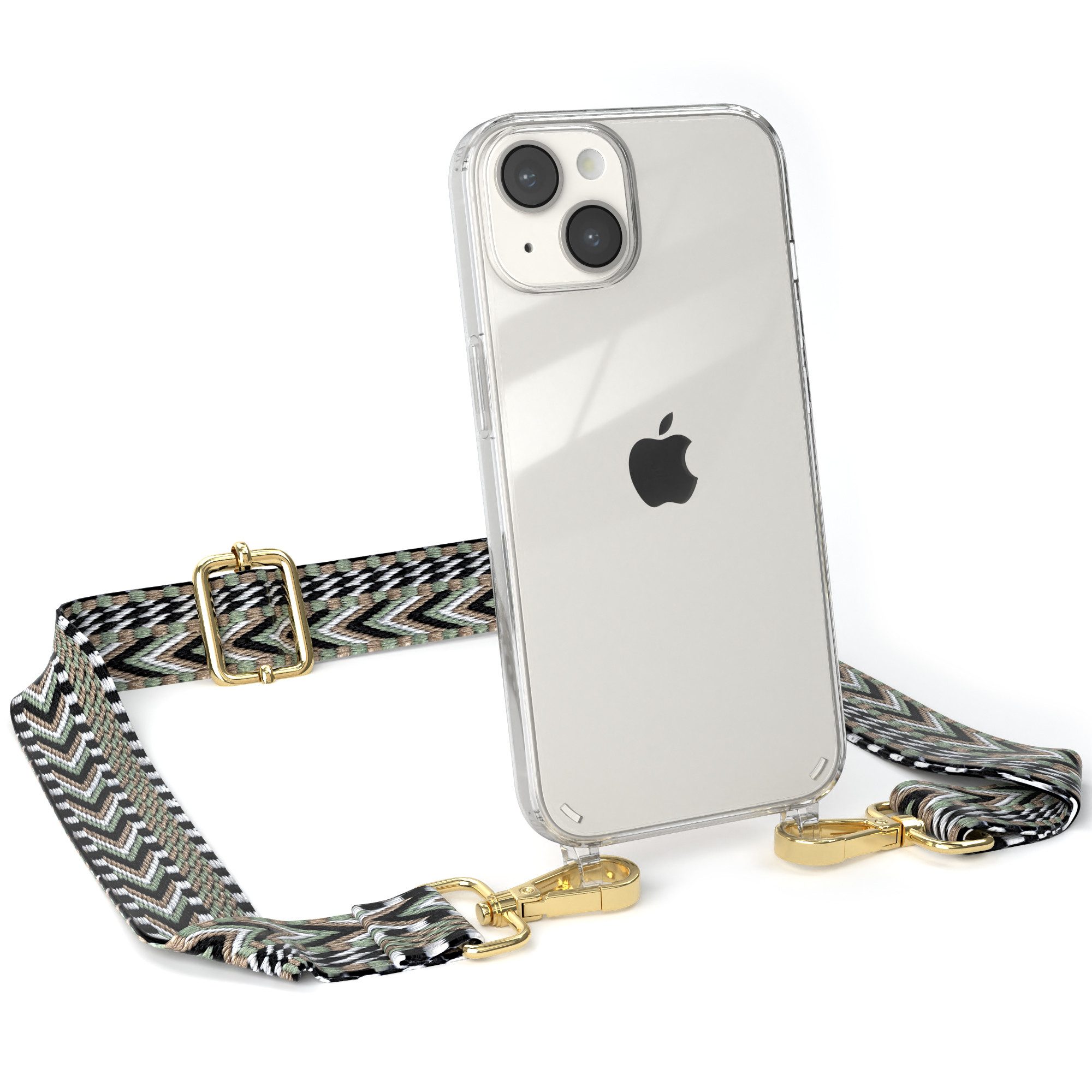 EAZY CASE Handykette Boho Umhängeband für Apple iPhone 14 6,1 Zoll, Body Bag Riemchen Wechselband Ersatzgurt klare Hülle Silicon Case Grün
