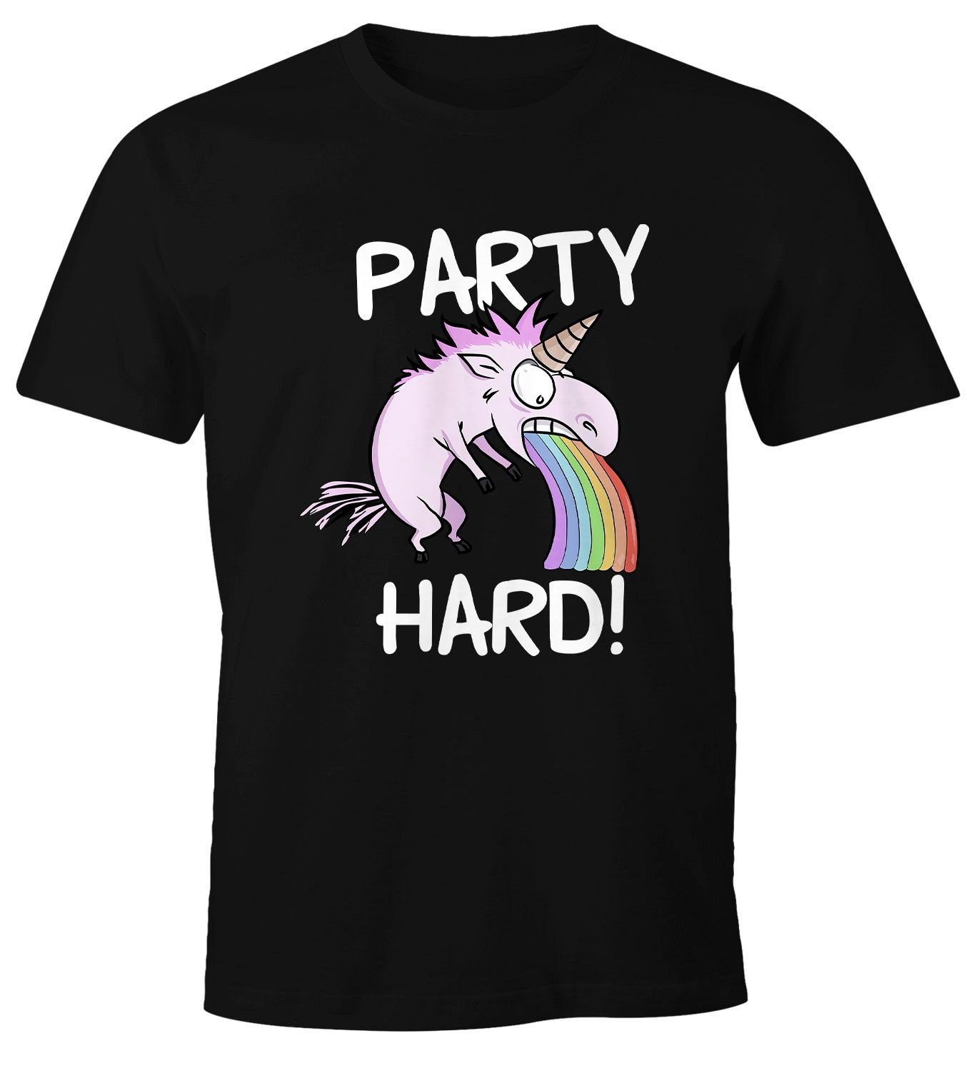 MoonWorks Spruch Hard Print-Shirt Einhorn Fun-Shirt T-Shirt Moonworks® Party kotzendes Saufen mit Herren Print Feiern lustig