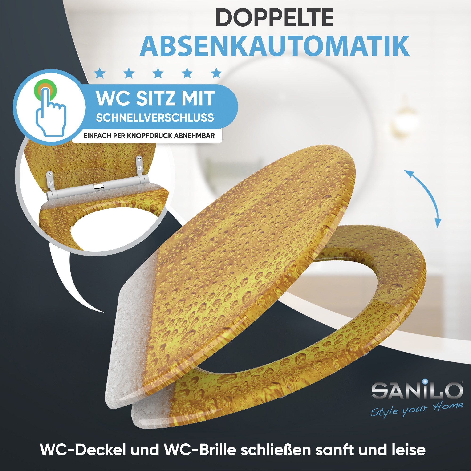 Sanilo WC-Sitz Bier mit Absenkautomatik & Quick Release, Premium Toilettendeckel, abnehmbar, leichte Montage von oben