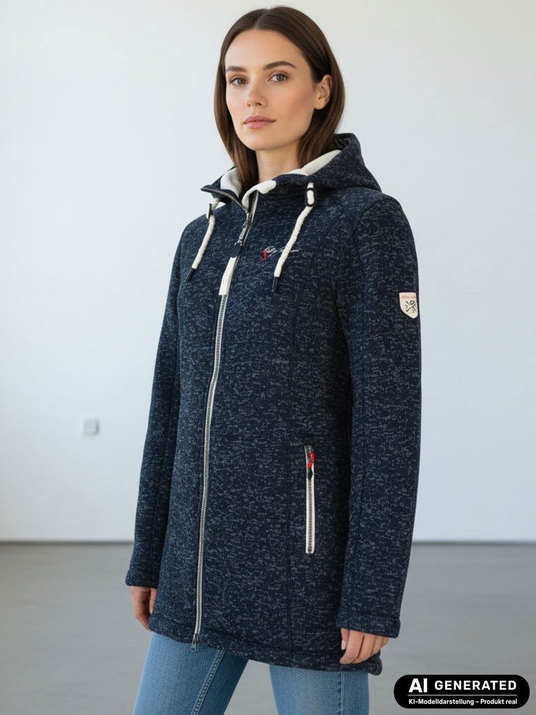 Dry Fashion Wollmantel Amsterdam Damen Wollfleece-Mantel - Fleecemantel Fleecejacke Meliert Windabweisend, 2-Wege-Reißverschluss, Kapuze, Reißverschluss-Taschen