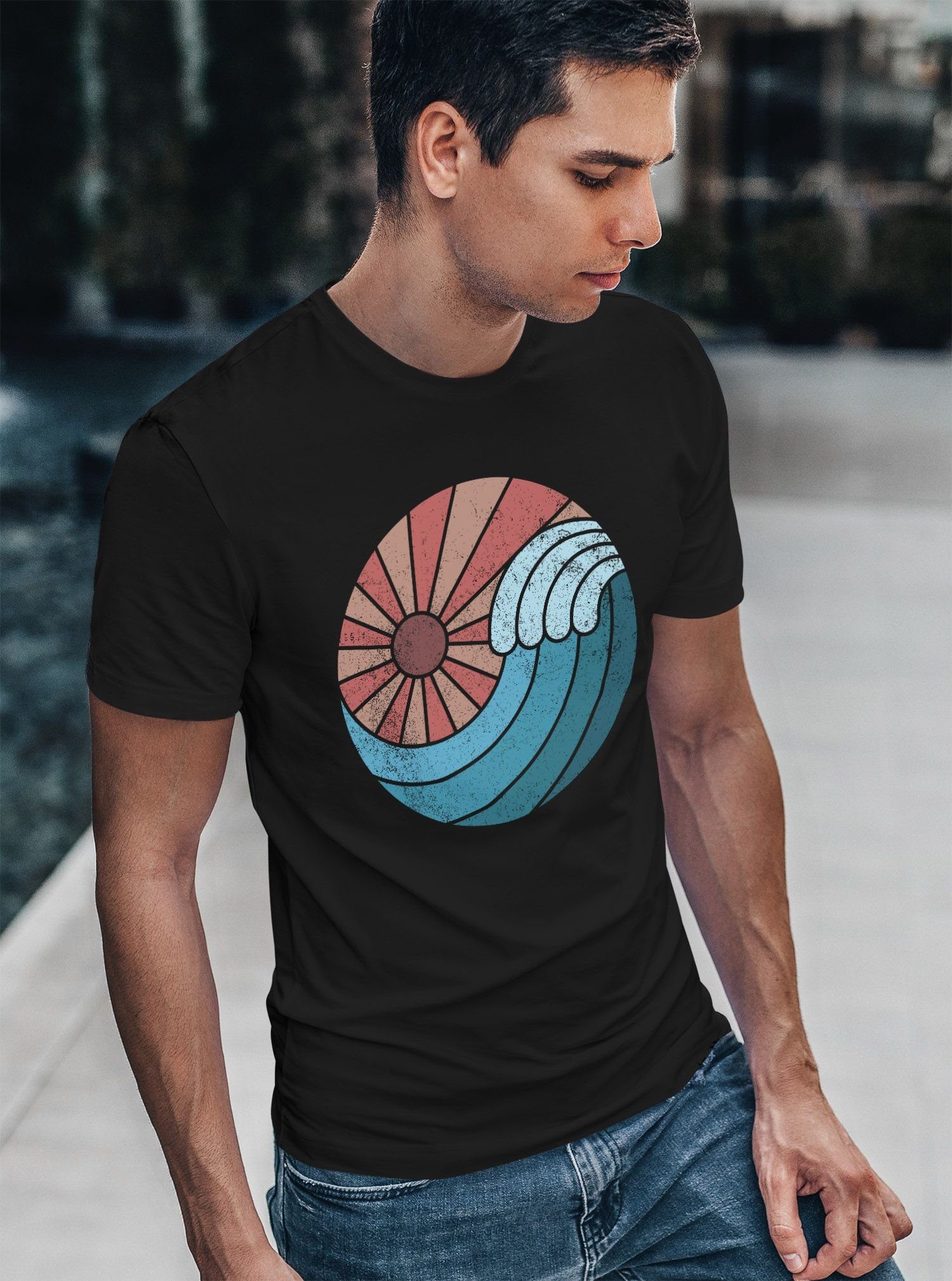 Sonne Sommer Fashion mit Herren Welle T-Shirt Print Neverless Print-Shirt Neverless® schwarz Vintage Streetstyle Wave Printshirt Retro