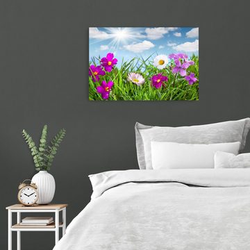 wandmotiv24 Leinwandbild Blühende Wiese unter blauem Himmel, Blumen und Pflanzen (1 St), Wandbild, Wanddeko, Leinwandbilder in versch. Größen
