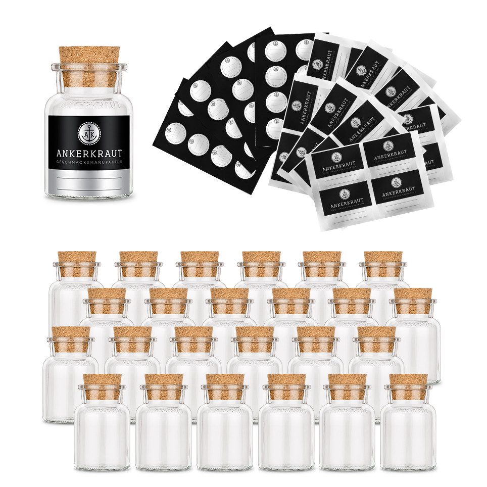 Ankerkraut Gewürzbehälter Leeres Korkenglas, klein mit Etiketten und Deckelsiegel 24 Stück, Glas, (24-tlg), mit Etiketten + Korken