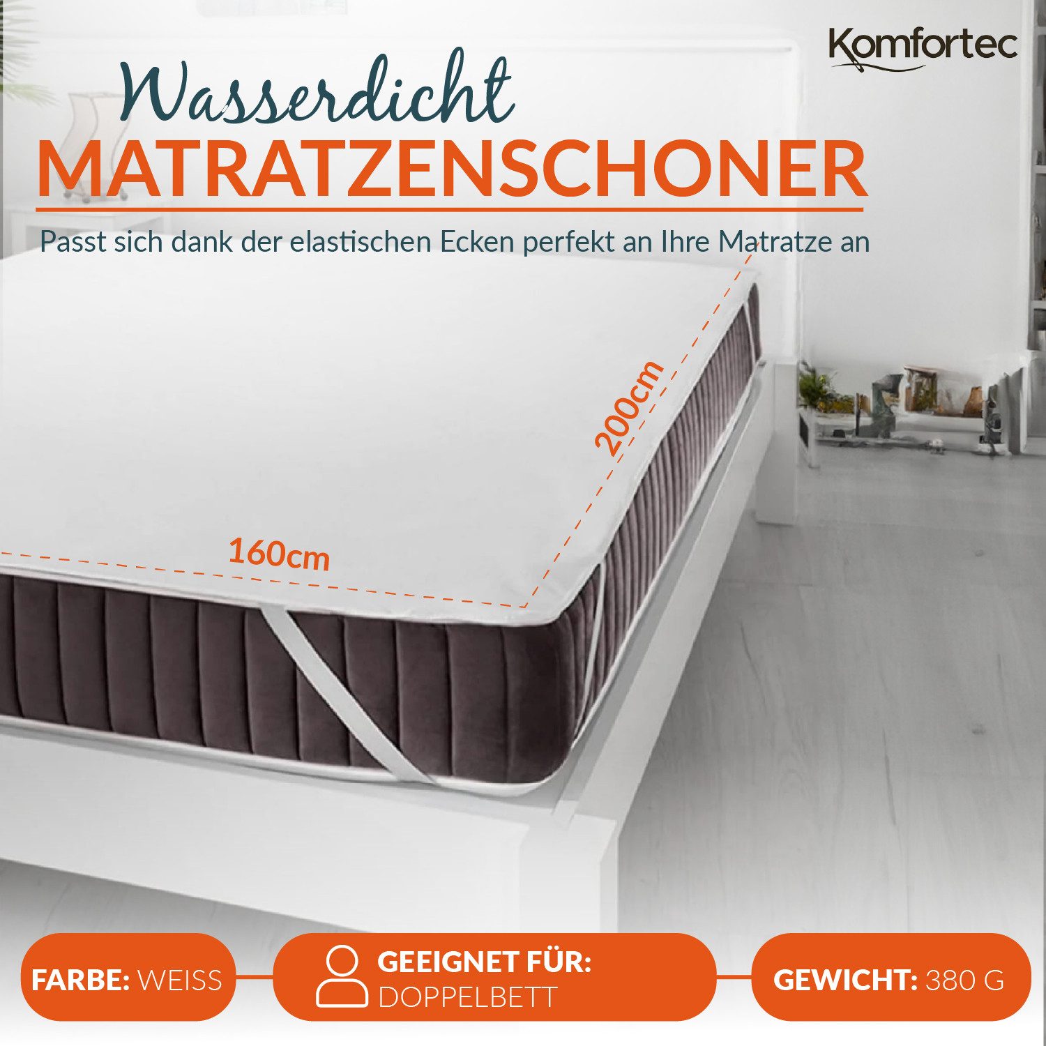 Matratzenschoner 60x120, 90x200, 120x200, 140x200, 160x200, 180x200 oder 200x200 cm Komfortec, 1 oder 2 Stück Wasserdichter, Atmungsaktive Matratzenauflage