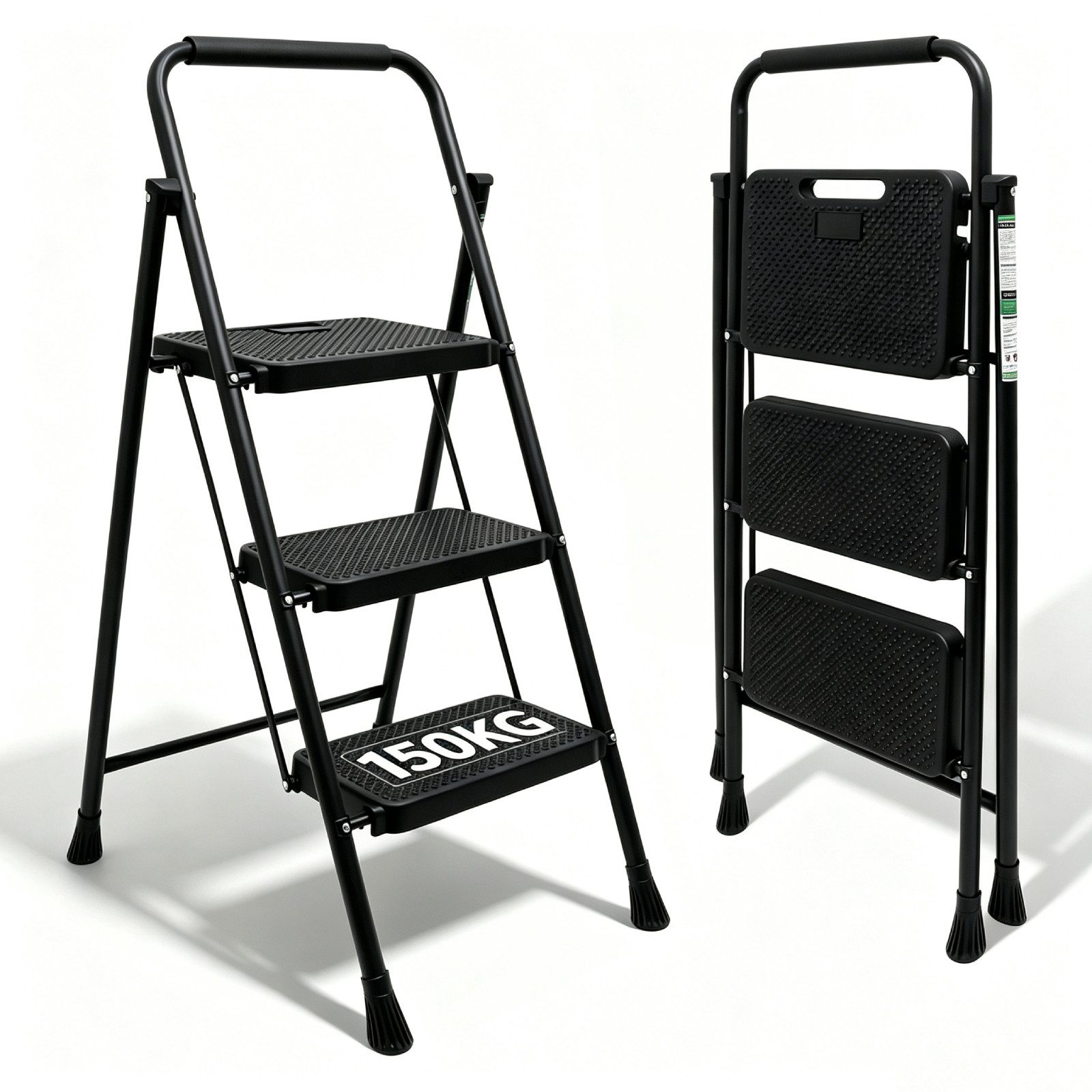 OZAVO Trittleiter Klappleiter Eisen 2/3 stufen mit Breitem Anti-Rutsch-Pedal (bis 150 kg mit Gummihandgriff, Stehleiter, Doppelleiter, Sicherheitsleiter, Multifunktionsleiter), Haushaltsleiter Klapp-Bockleiter mit Gummifüße & Sicherheitsverschluss