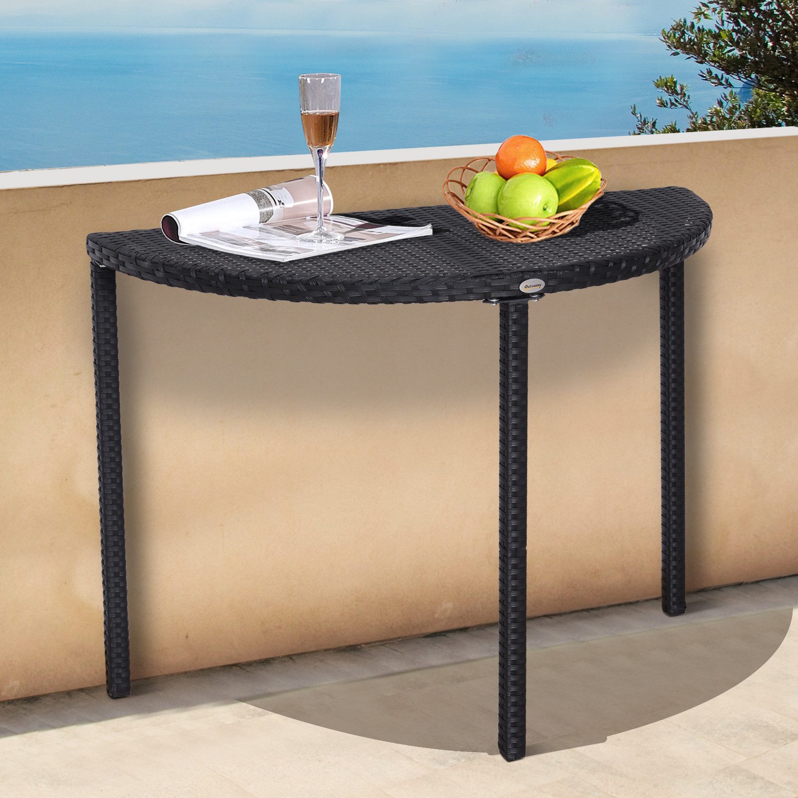 Outsunny Beistelltisch Garten Gartenmöbel halbrund Polyrattan (Tisch, 1-St., Balkontisch), Metall Schwarz 100 x 50 x 74 cm