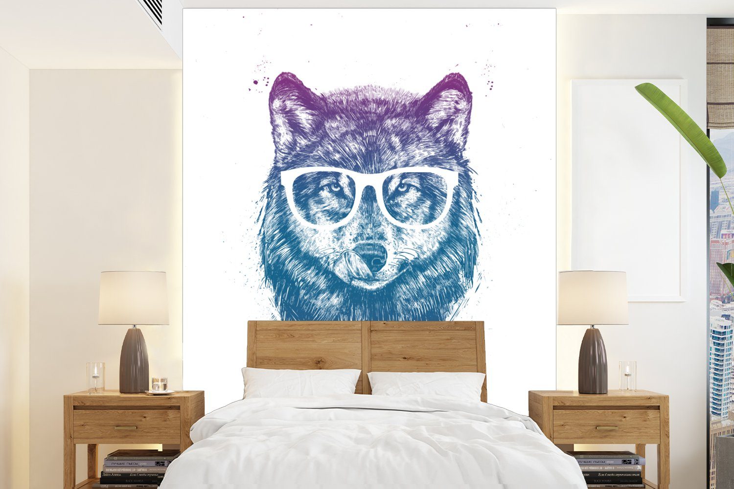 MuchoWow Fototapete Wolf - Brille - Zitat - Tiere, Matt, bedruckt, (4 St), Montagefertig Vinyl Tapete für Wohnzimmer, Wandtapete