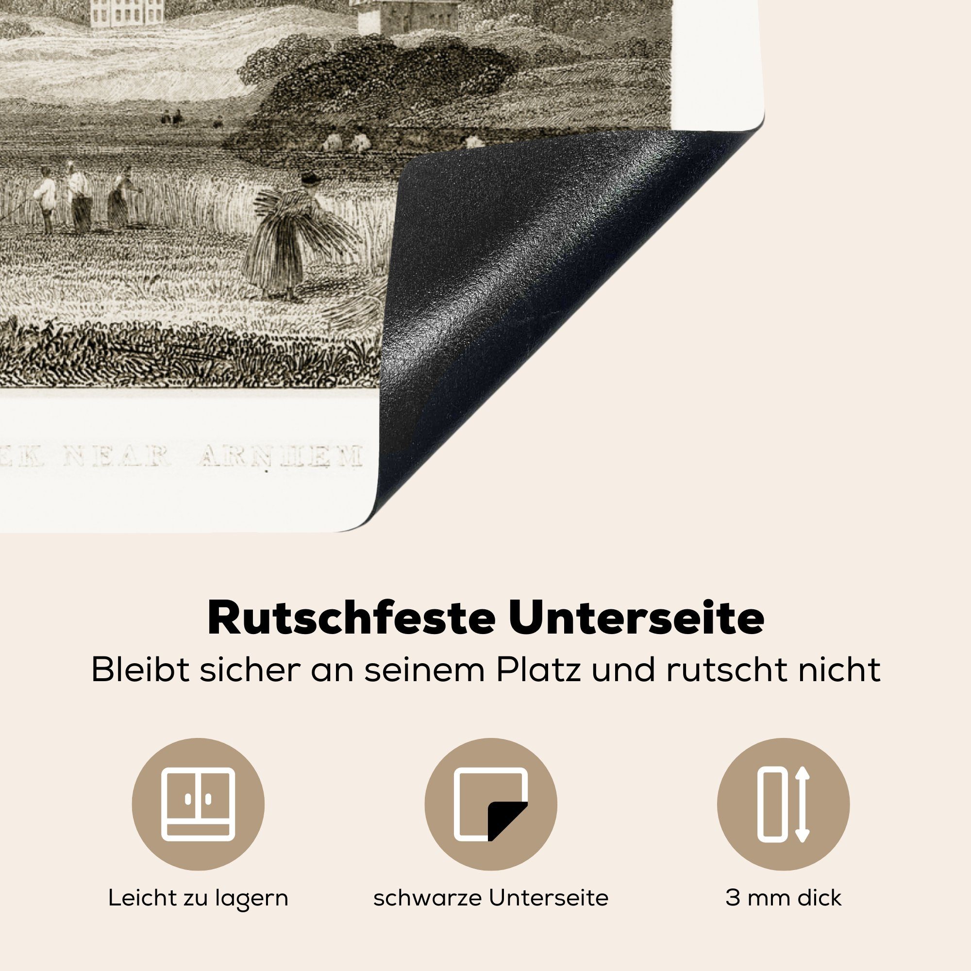 nutzbar, Ceranfeldabdeckung Schwarz-Weiß-Illustration Vinyl, Arnheim, Mobile cm, Arbeitsfläche MuchoWow von 70x52 Herdblende-/Abdeckplatte tlg), außerhalb eines (1 Dorfes