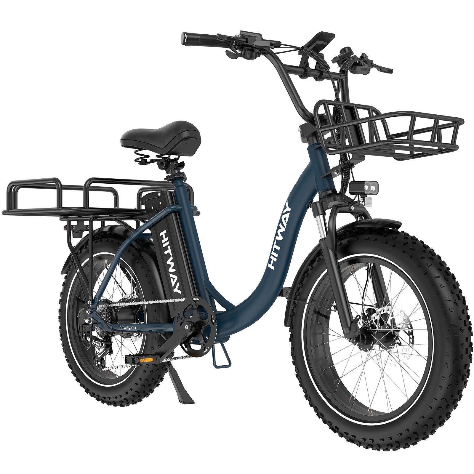 HITWAY E-Bike Cityrad Pedelec 20x4.0 48V 27Ah Drehmomentsensor, 7 Gang shimano, Kettenschaltung, Heckmotor, 1296 Wh, Bis zu 160 km, Hydr. Scheibenbremsen, Lockout-Federgabel, 7-Gang, Korb