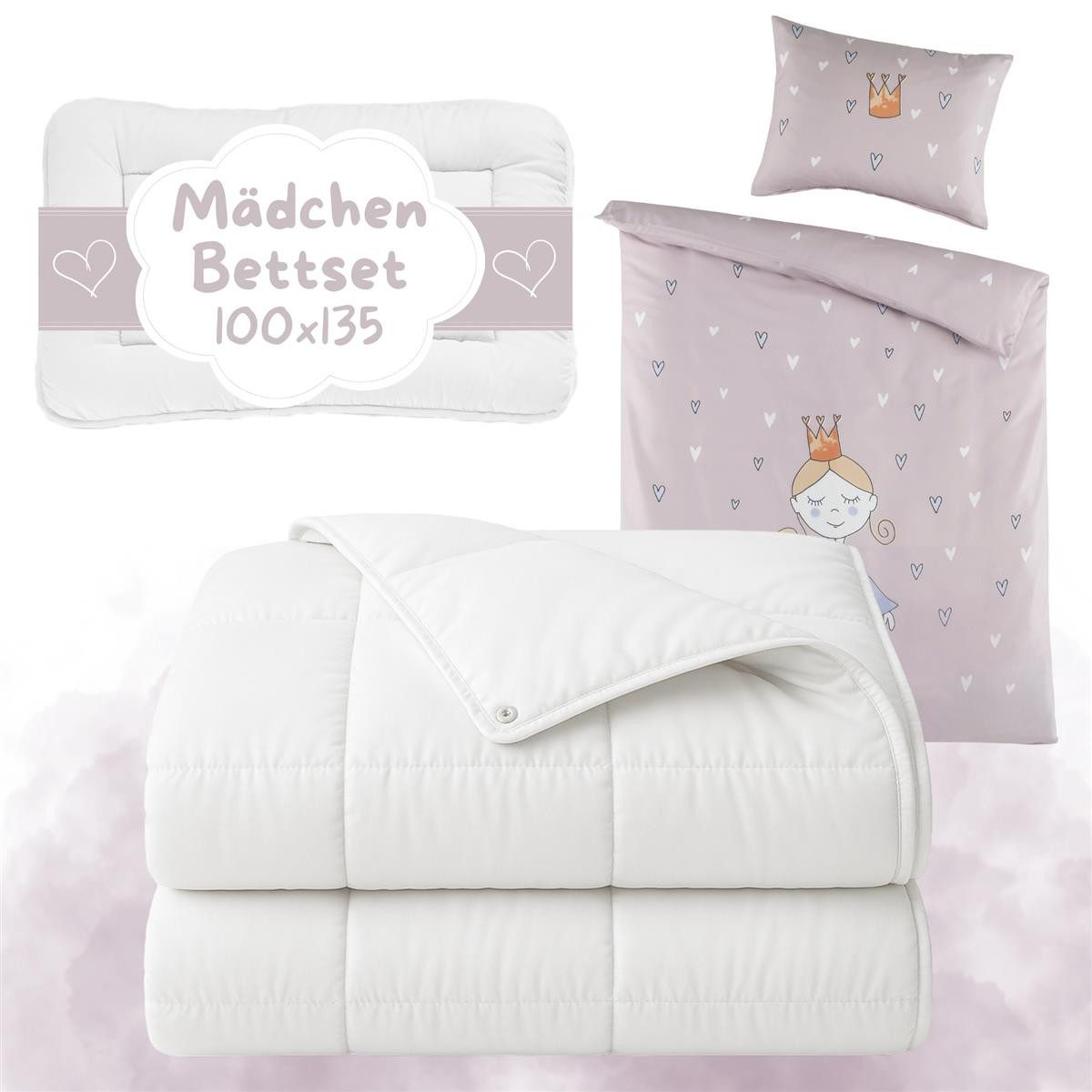 Carpe Sonno Kinderbettdecke + Kopfkissen + Постельное белье 100x135 40x60 Baby Säugling Bettset Erstlingsausstattung, Füllung: silikonisierte Hohlfaser, Bezug: 100% Polyester, Babybett Bettenset ALL IN ONE Mädchen Prinzessin