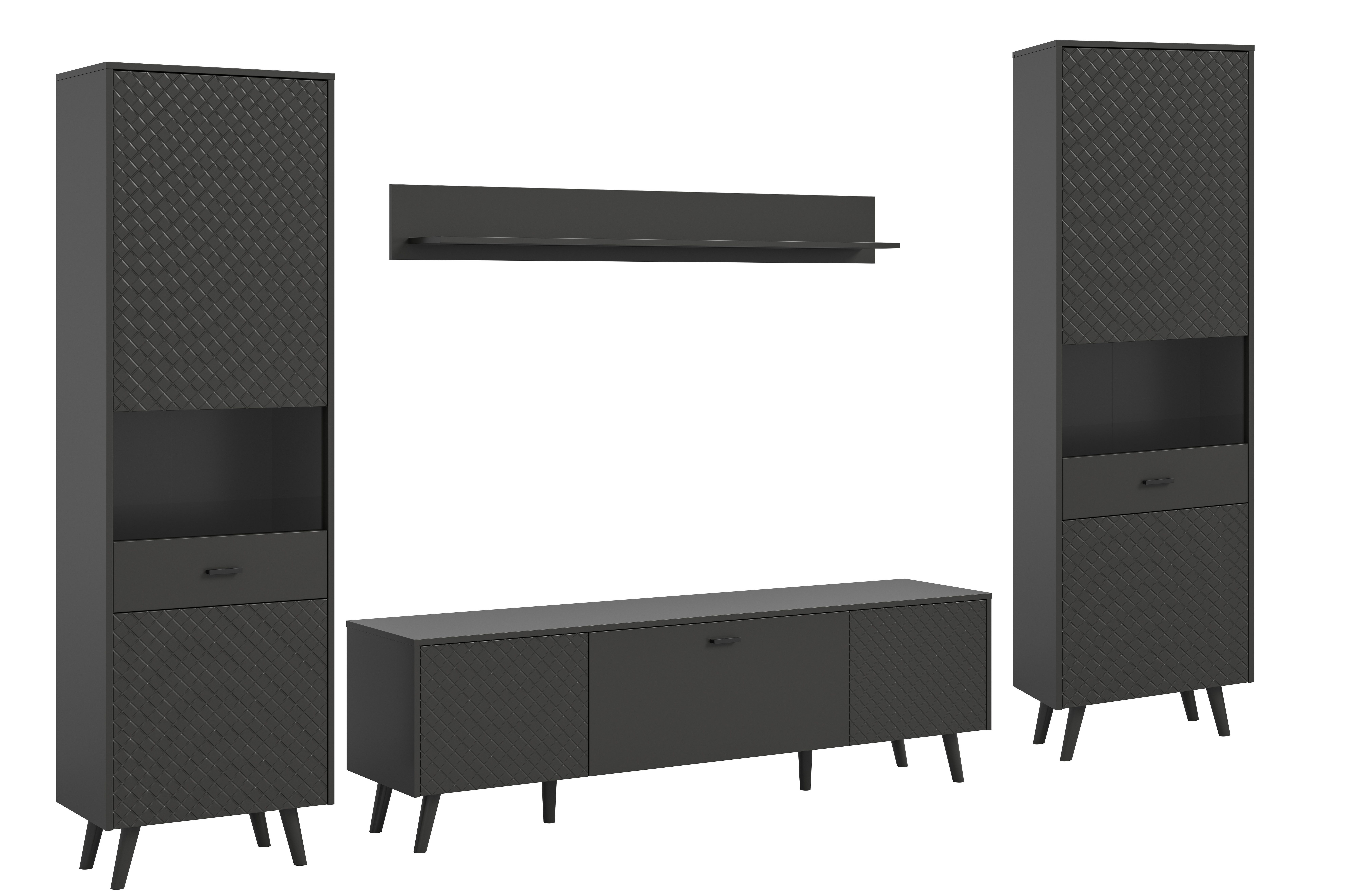 furnling Wohnzimmer-Set Linia, (4-St., bestehend aus Lowboard, 2 Vitrinen, Wandboard), Wohnzimmermöbel, Komplett Set, Breite 331 cm, grau matt