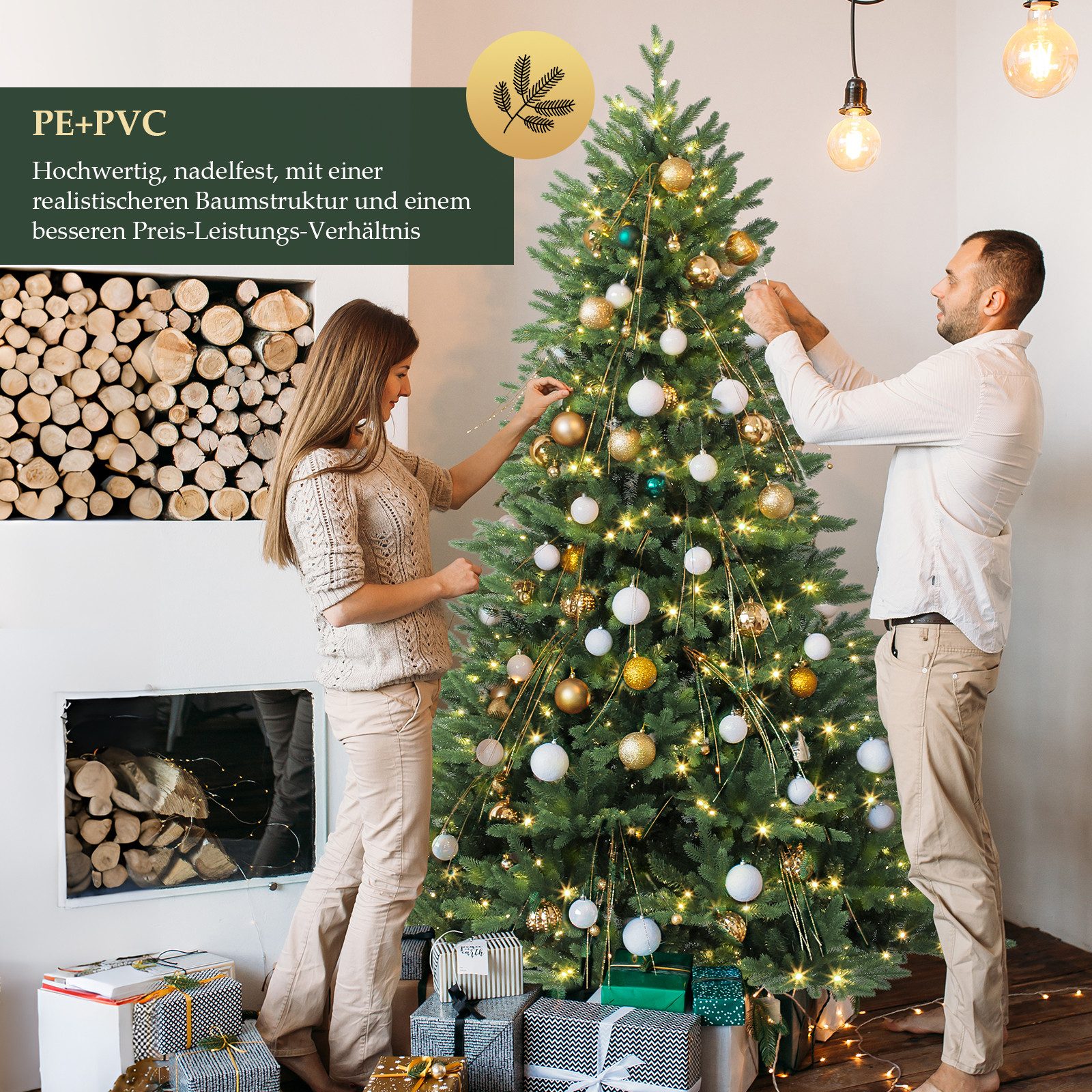 Salcar Künstlicher Weihnachtsbaum mit LED-Beleuchtung Tannenbaum Künstlich mit Licht mit Echtholzständer, Fichte, 180 cm, 450 LEDs, 1284 Spitzen – zauberhafte W – Bild 4 von 5