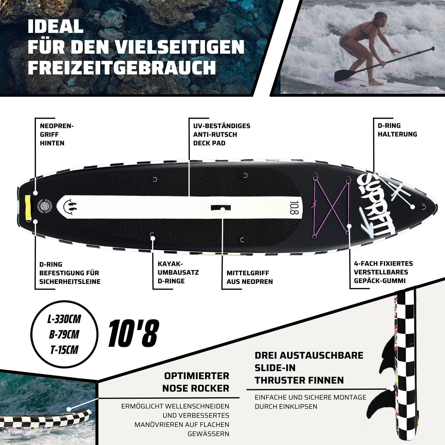 SF SUPRFIT Inflatable SUP-Board Suprfit SUP Board Set Stickers Black inkl. Sitz und Kajak Paddle, Touring, mit Kajaksitz
