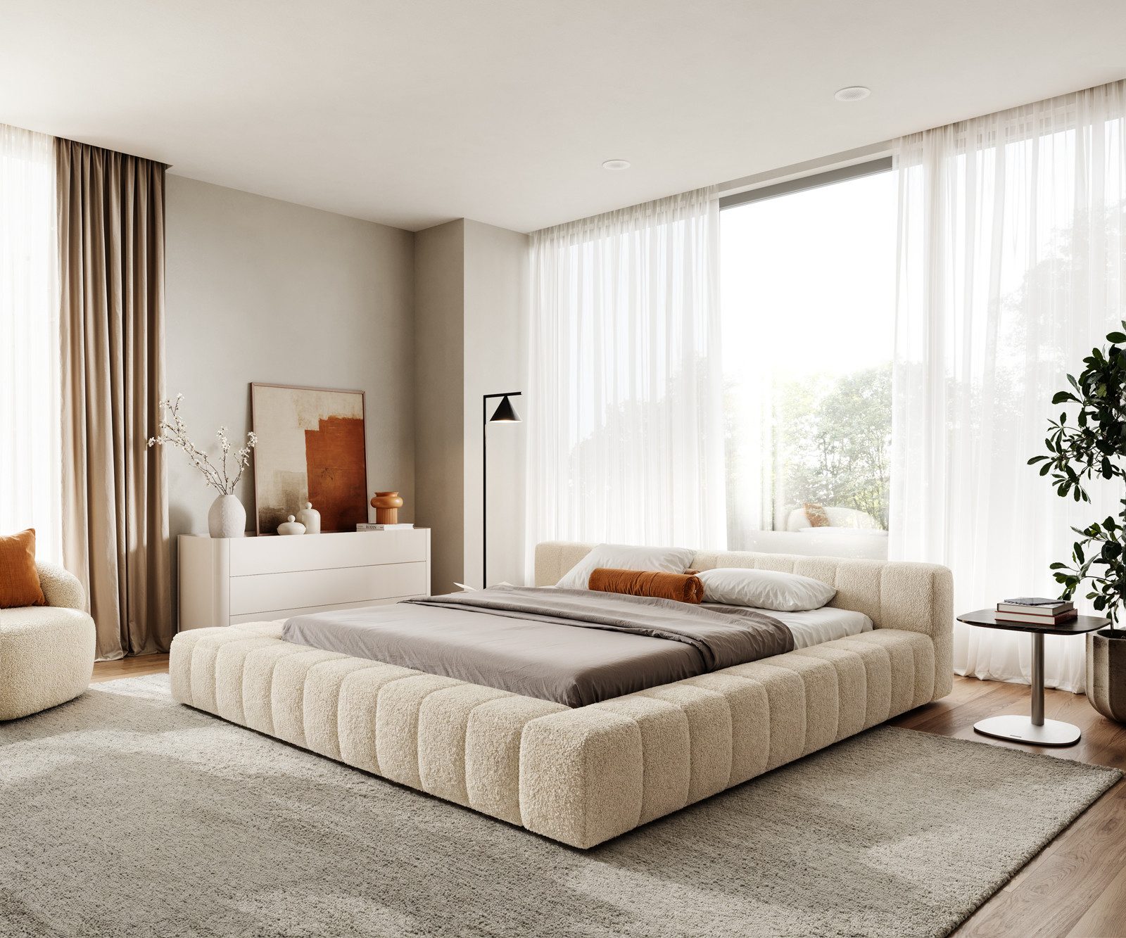 DELIFE Polsterbett Espazio, Teddystoff Beige 180x200 cm mit Stauraum