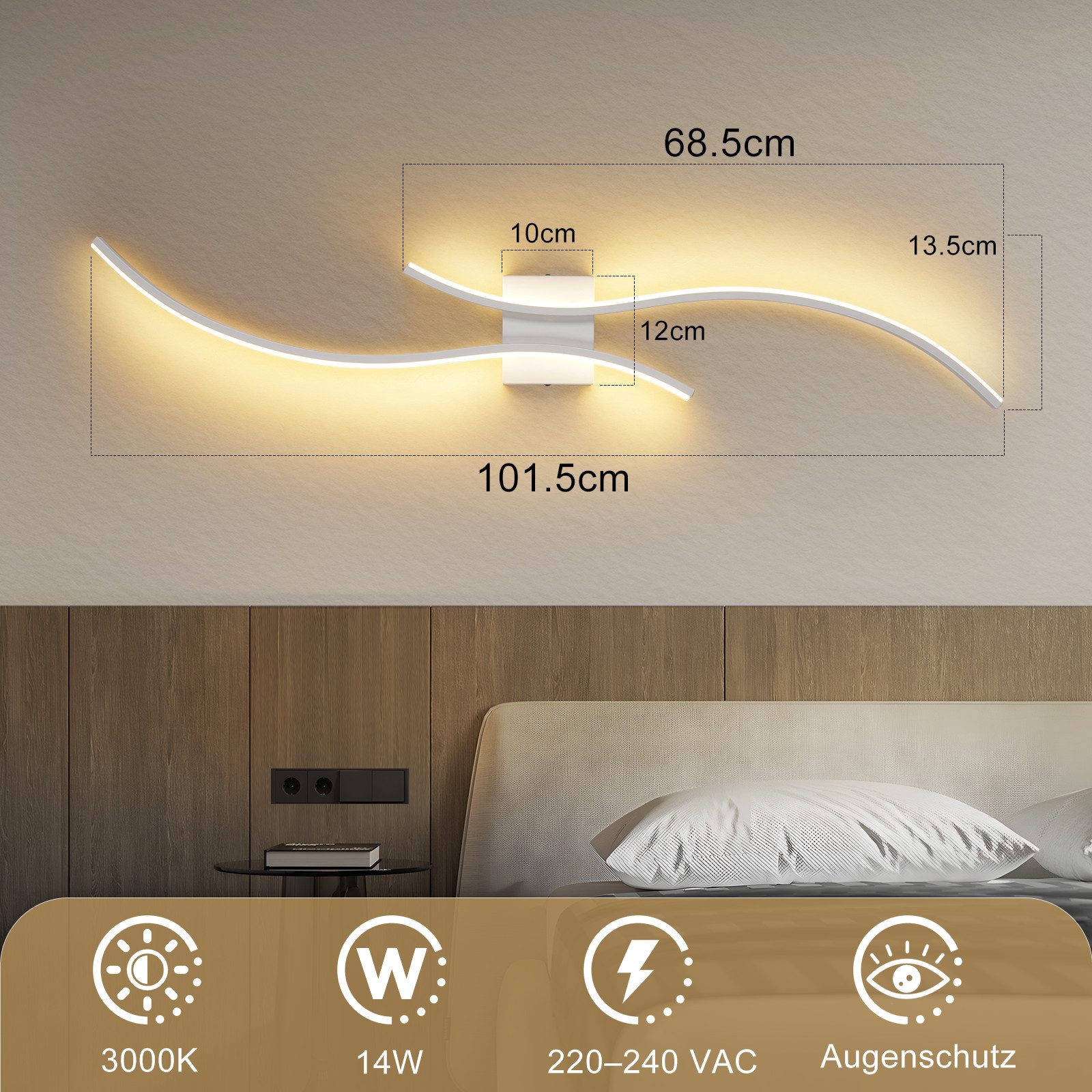 Nettlife LED Wandleuchte Innen Wohnzimmer 100CM Weiß 14W 3000K Modern Welle Design, LED fest integriert, Warmweiß, Wandbeleuchtung für Schlafzimmer Wohnzimmer Flur Treppenhaus Küche
