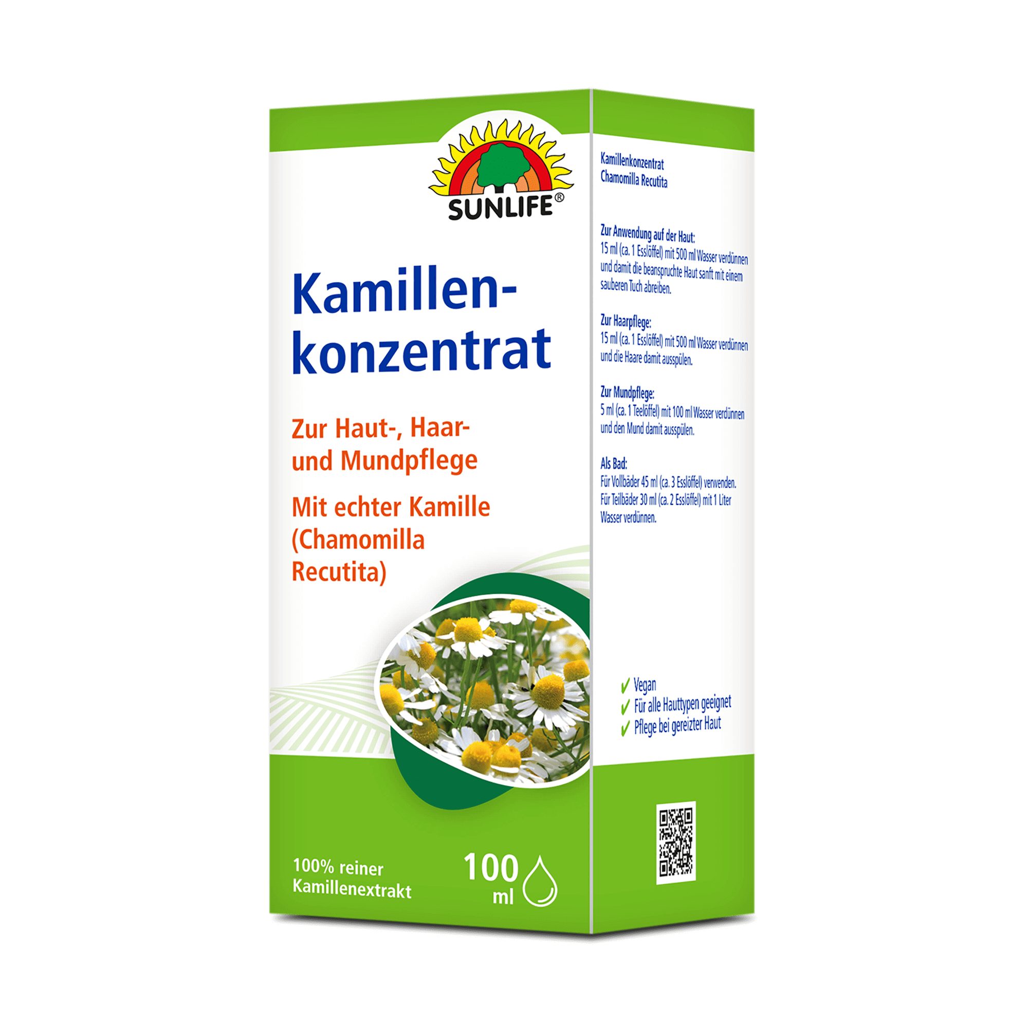SUNLIFE SUNLIFE® Kamillenkonzentrat 100 ml Beruhigend Badezusatz Mundpflege Zur Anwendung auf der Haut: 15 ml mit 500 ml Wasser verdünnen und damit die beanspruchte Haut sanft mit einem sauberen Tuch abreiben. Zur Haarpflege: 15 ml mit 500 ml Wasser verdünnen und die Haare damit ausspülen. Zur Mundpflege: 5 ml mit 100 ml Wasser verdünnen und den Mund damit ausspülen. Als Bad: Für Vollbäder 45 ml verwenden. Für Teilbäder 30 ml mit 1 Liter Wasser verdünnen