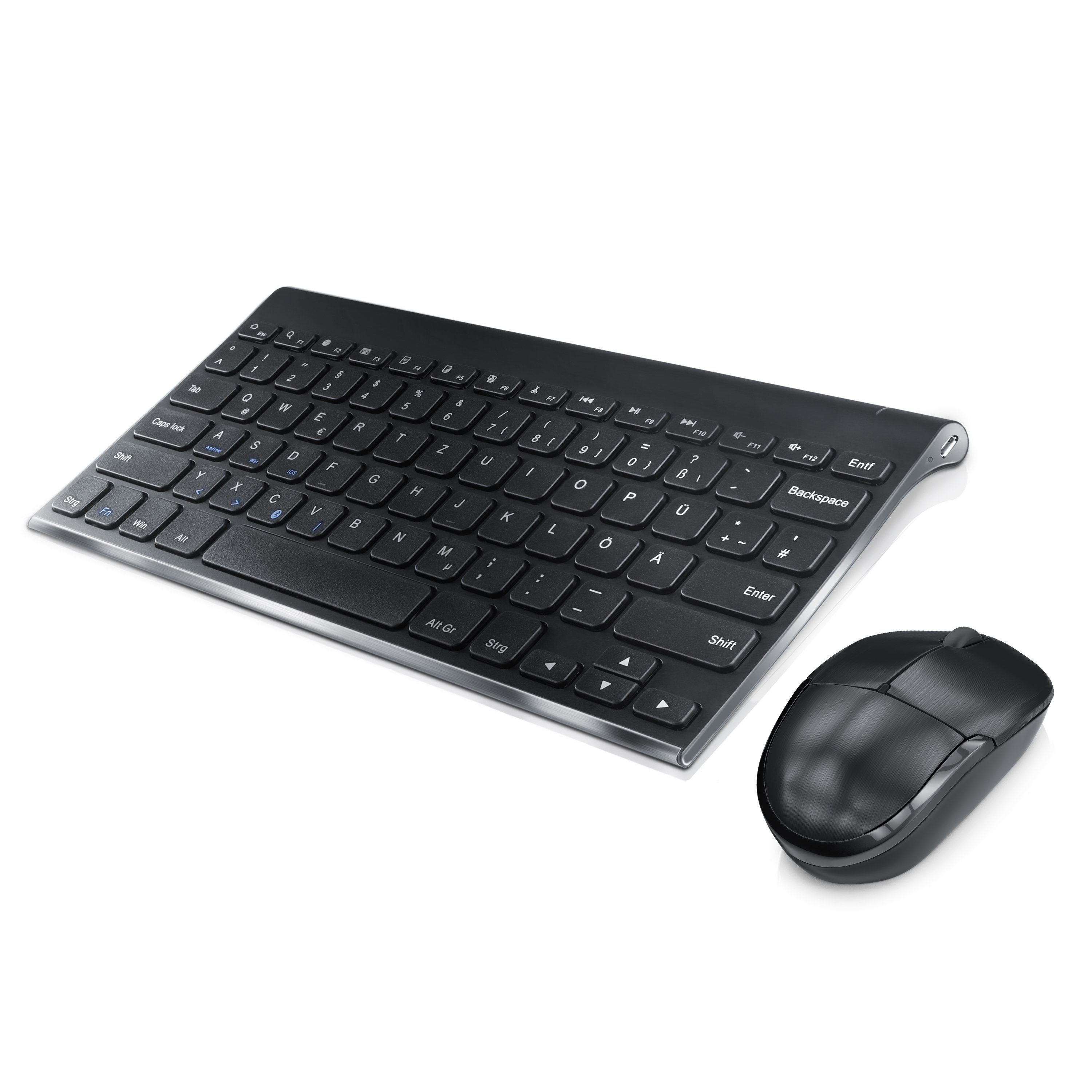 Kabellose Deutsche Tastatur & Maus Set – Bluetooth Kombo Für PC, Handy, Tablet – Schwarz/Silber