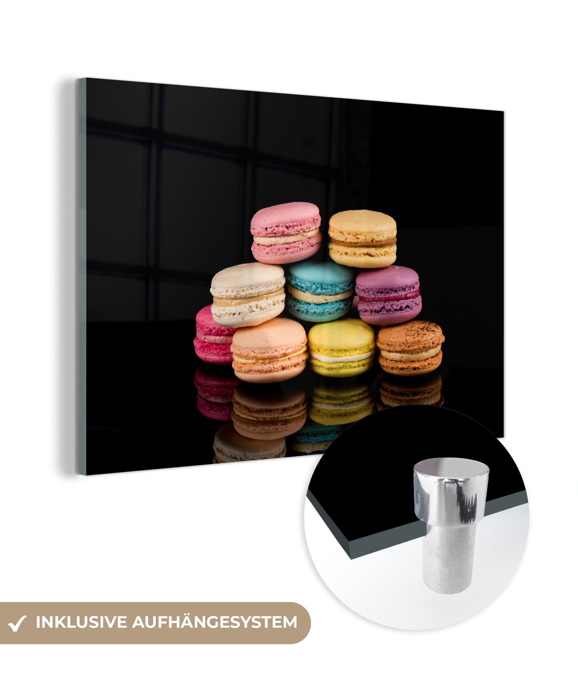 MuchoWow Acrylglasbild Makronen auf schwarzem Hintergrund, (1 St), Acrylglasbilder Wohnzimmer & Schlafzimmer