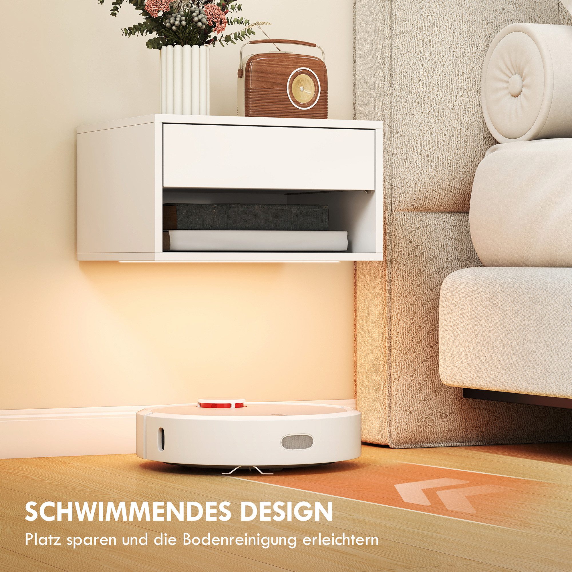 HOMCOM Nachttisch Nachtschrank mit RGB-LED-Beleuchtung, Schublade und offenem Fach (Modernes Schwebendes Wandregal, 2-St., mit App-Steuerung), für Schlafzimmer, – Bild 5 von 5