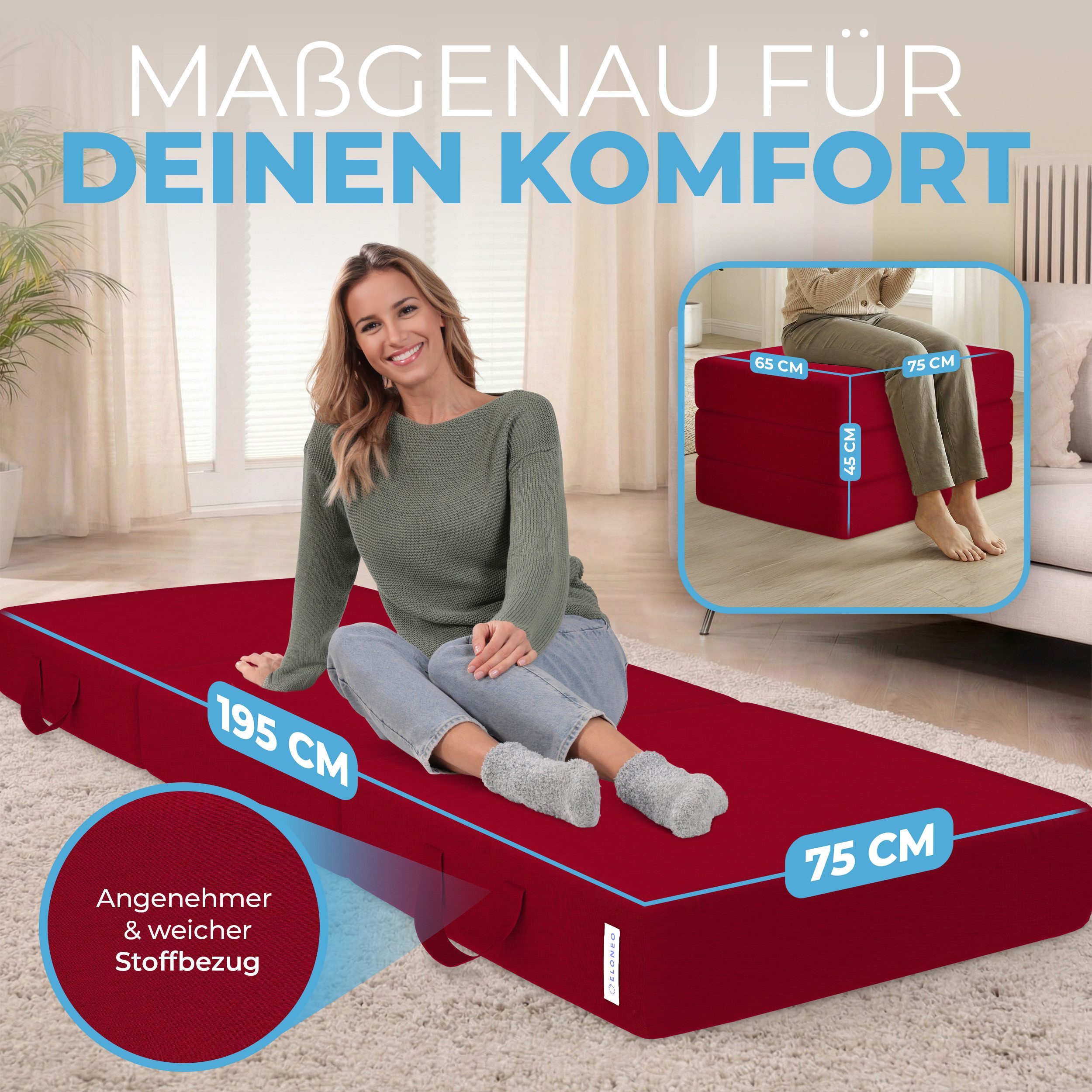 Klappmatratze 3-teilig, Gästematratze mit extra dickem Schaumstoff, ELONEO, 15 cm hoch, waschbarer Bezug, geeignet für Hausstauballergiker, schadstoffgeprüft