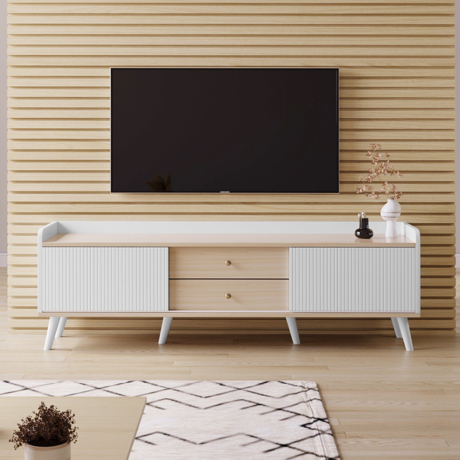 SEEZSSA TV-Schrank TV Lowboard Fernsehtisch mit zwei Schubladen und Schiebetüren Weiß und natürliche Holzfarben, 160 x 40 x 58 cm