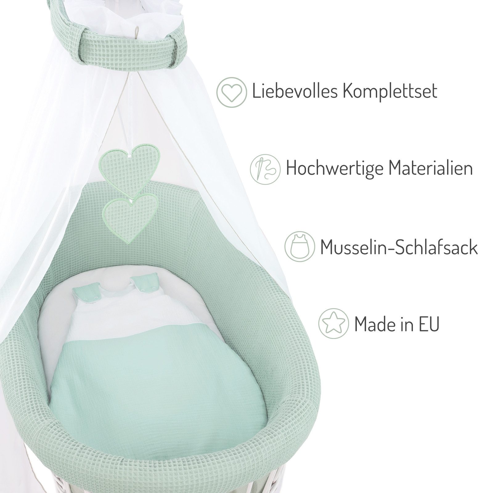 FabiMax Stubenwagen grau lackiert, Komplettset, Musselin & Waffelpiqué, Inkl. Matratze, Nestchen & Schlafsack