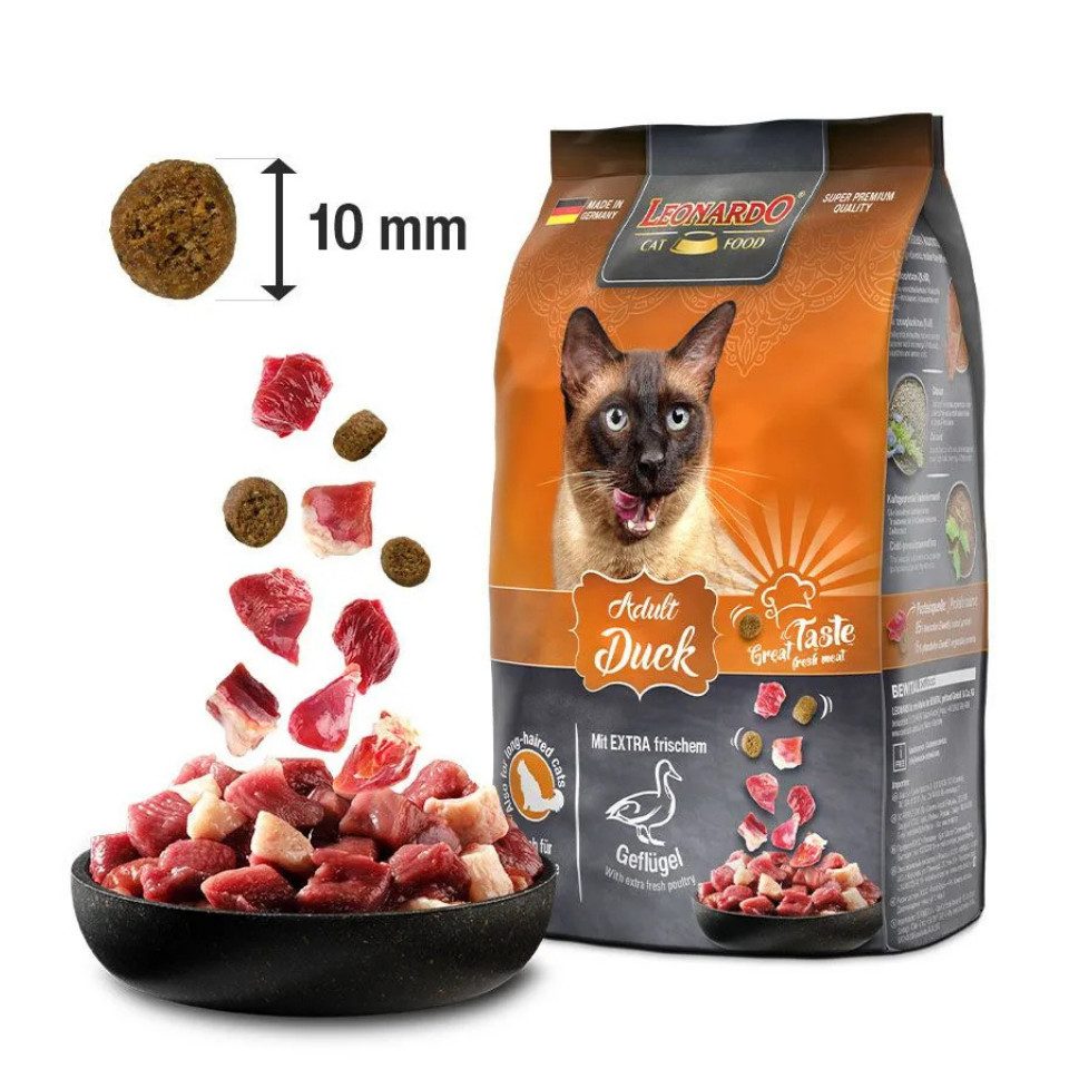Leonardo Catfood Adult Duck - hochwertiges Trockenfutter mit Chiasaat & Krill, Trockenfutter für: Katzen