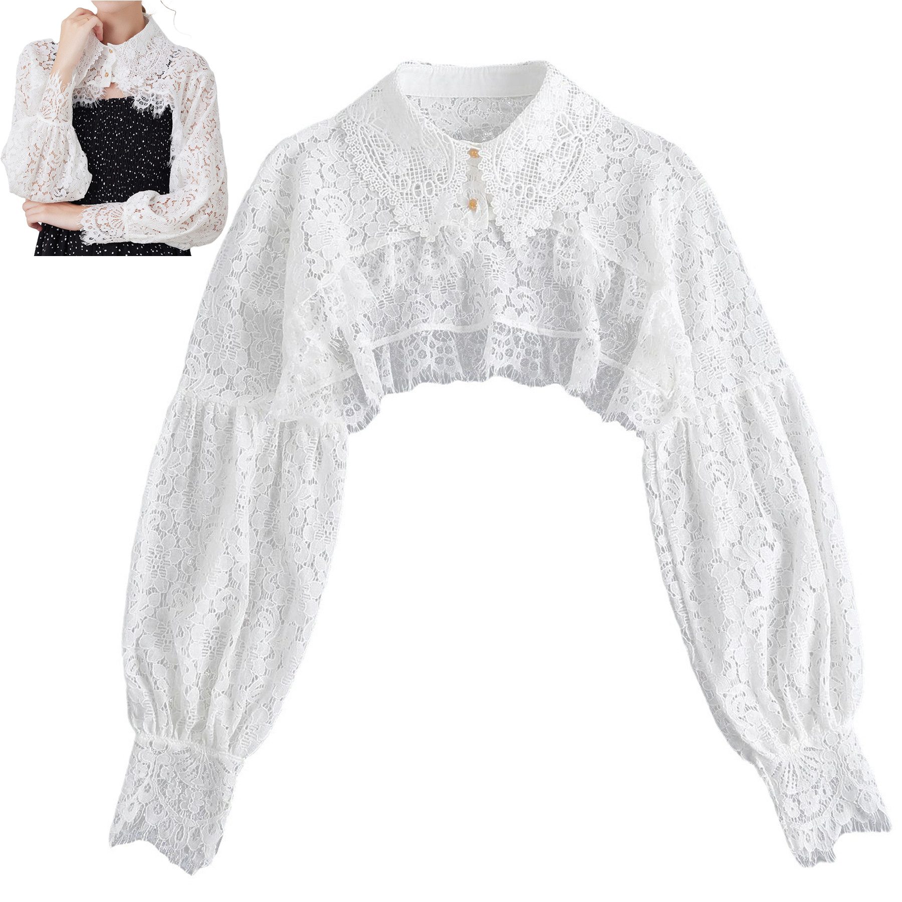 Mutig Wickelbluse Spitze Shrug Jäckchen, mit falschem Kragen und halbem Рубашки-блузкиkragen (Damen Spitze Trachtenbluse, Spitze Bluse Damen Elegant Pullover Tops, Geeignet für Abendessen und Partys, Hochzeitsfeiern, Alltagslook)