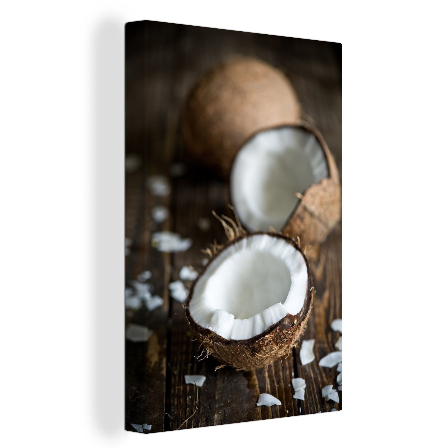 OneMillionCanvasses® Leinwandbild Kokosnüsse und Kokosnussschalen auf einem Holzsockel, (1 St), Leinwandbild fertig bespannt inkl. Zackenaufhänger, Gemälde, 20x30 cm
