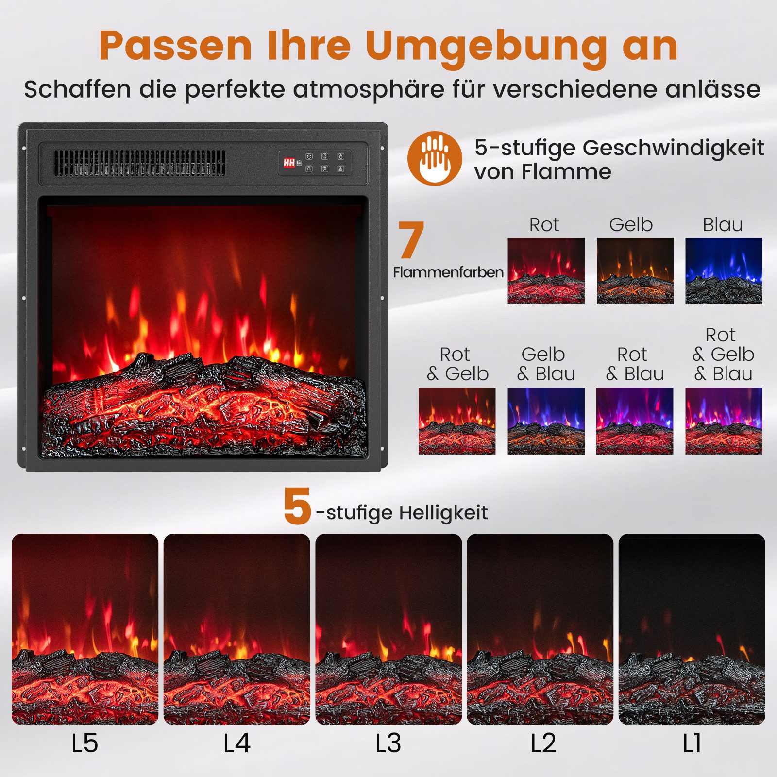 COSTWAY Elektrokamin 18" elektrischer Kamineinsatz, mit Fernbedienung, 8H-Timer, 5 einstellbare Helligkeitsstufen – Bild 3 von 5
