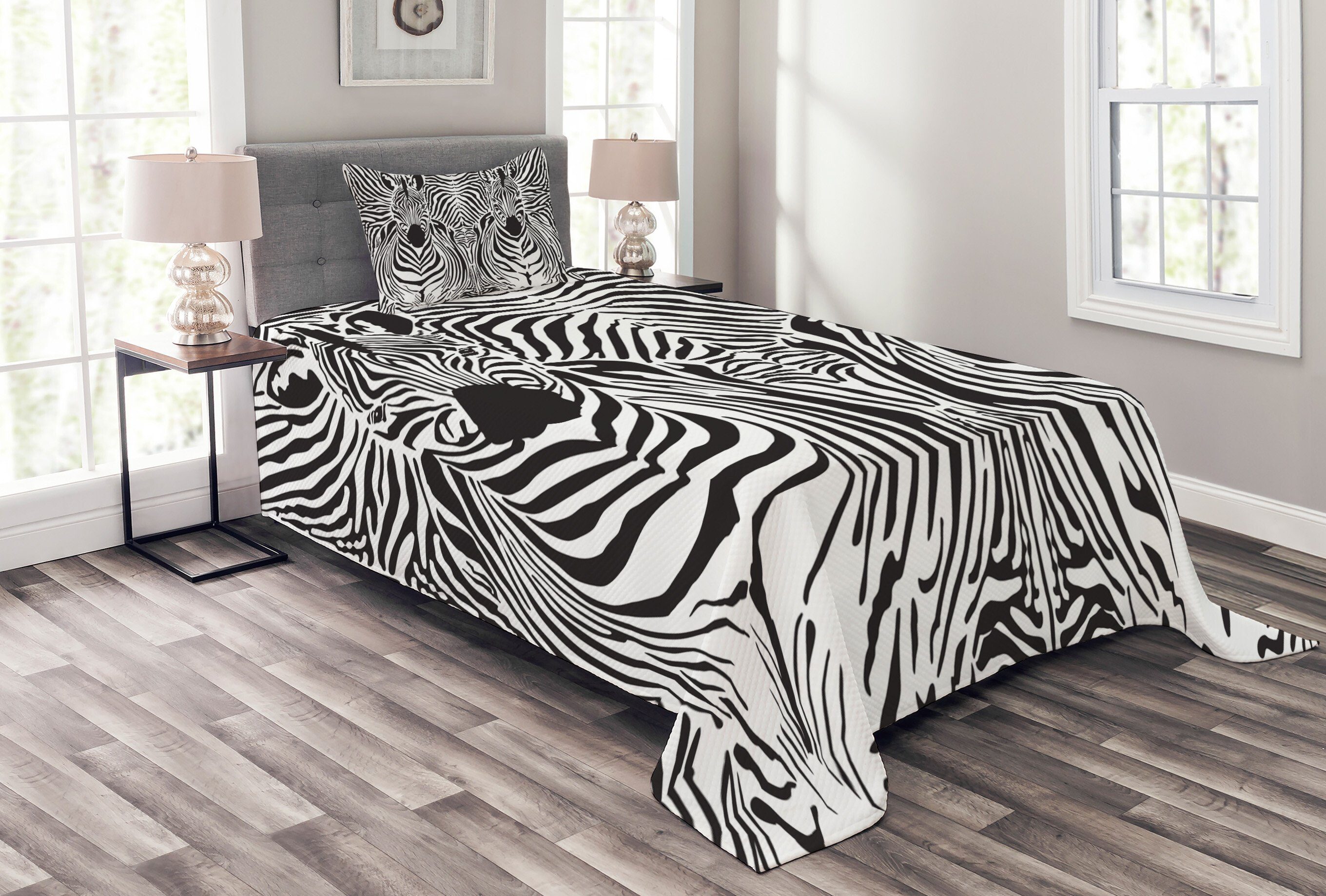 Tagesdecke Set mit Kissenbezügen Waschbar, Abakuhaus, Schwarz-Weiss Safari Zebra-Streifen