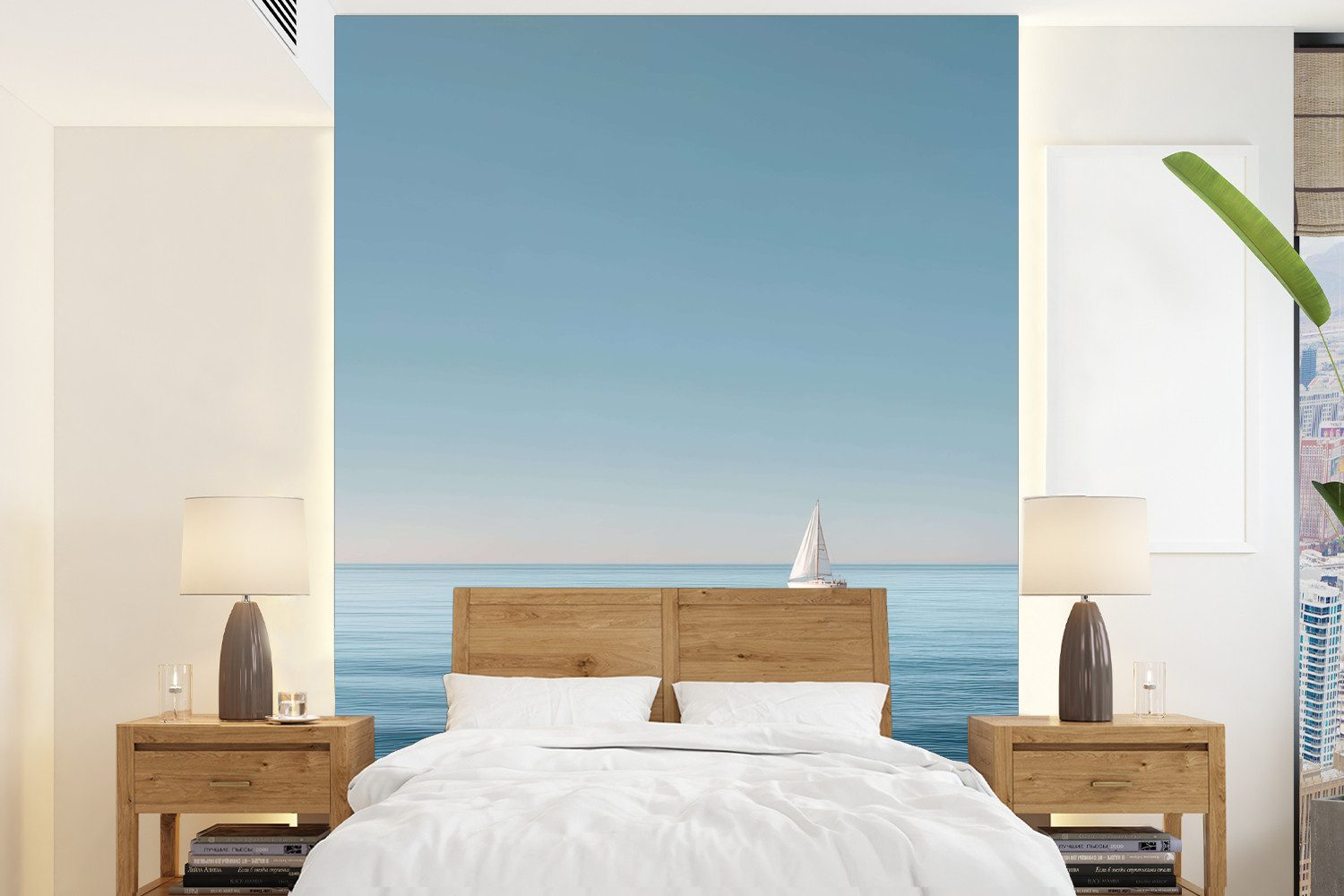 MuchoWow Fototapete Segelboot - Ruhige See - Strahlend blauer Himmel, Matt, bedruckt, Wallpaper für Wohnzimmer, Schlafzimmer, Vinyl Tapete, 195x260 cm