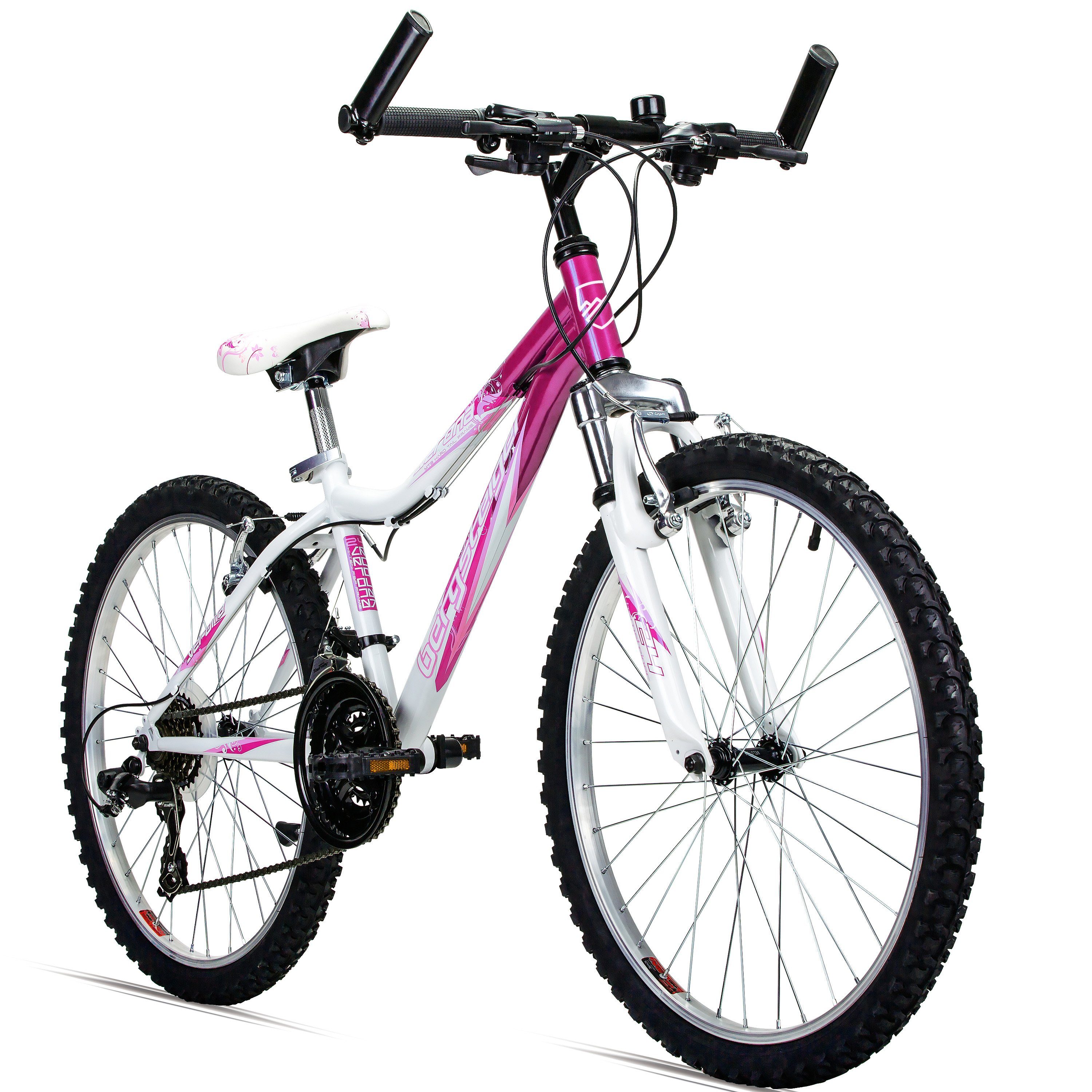 bergsteiger Kinderfahrrad Verona 24 Zoll, geeignet für 8, 9, 10, 11 Jahre, Mädchen, 18 Gang Shimano Tourney RD-TZ50 Schaltwerk, Kettenschaltung, V-Bremsen