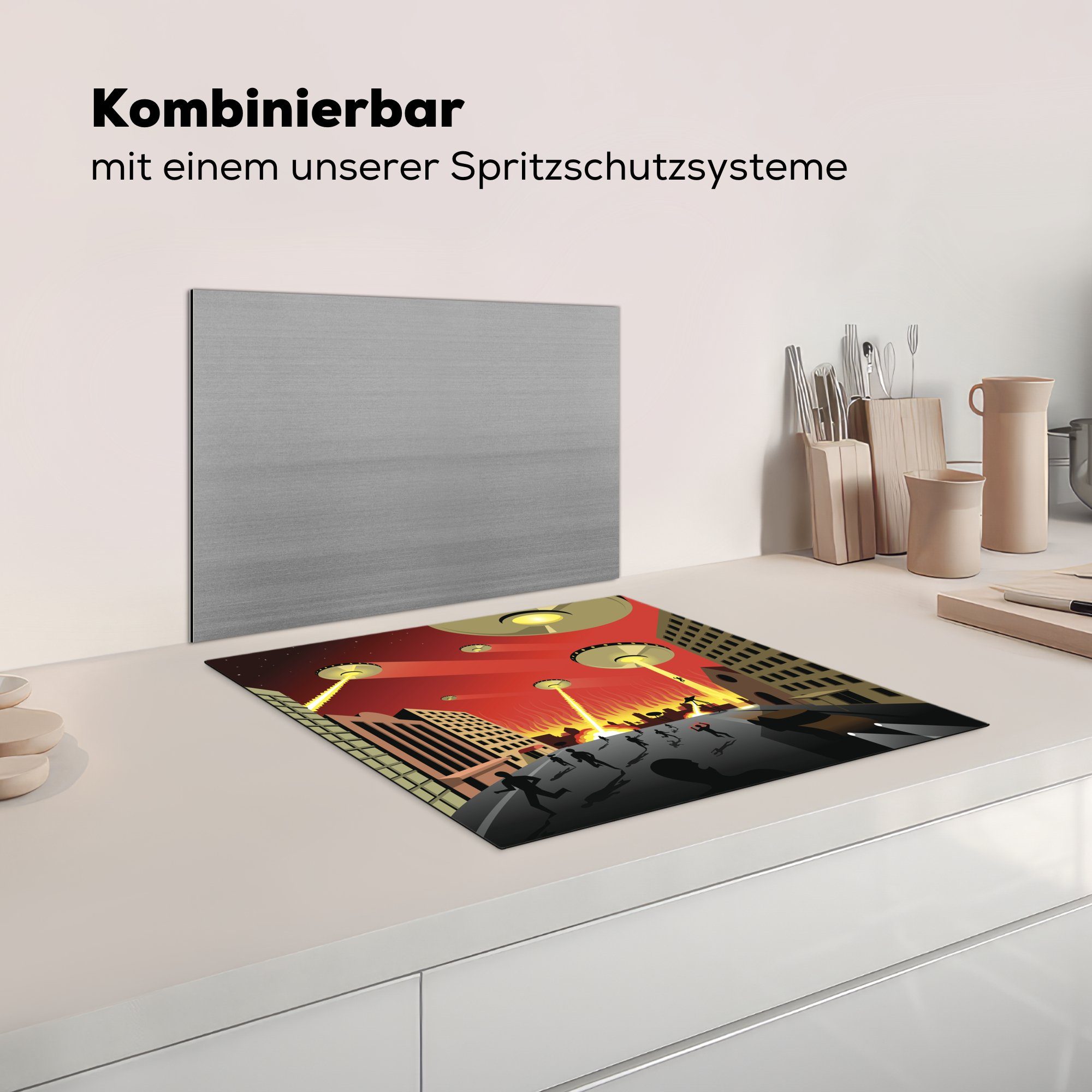 - -, (1 tlg), Vinyl, Jungen Eine Herdblende-/Abdeckplatte die Ceranfeldabdeckung 60x52 nutzbar, Stadt eine Arbeitsfläche von cm, Illustration Mobile angreifen UFOs, MuchoWow