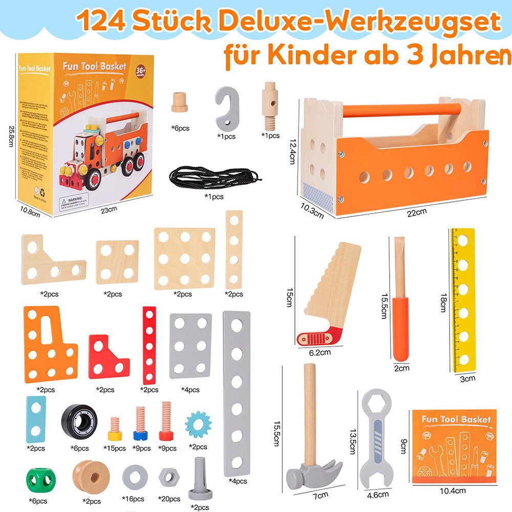 Zaewry Spielwerkzeug 124-teiliges Holz-Werkzeugset für Kleinkinder, Spielwerkzeug, (124-tlg., Lernspiele Geschenk Junge Mädchen ab 3 Jahren), Montessori Bildungsbauspielzeug,Werkzeug Lernspiele 3 4 Jahre