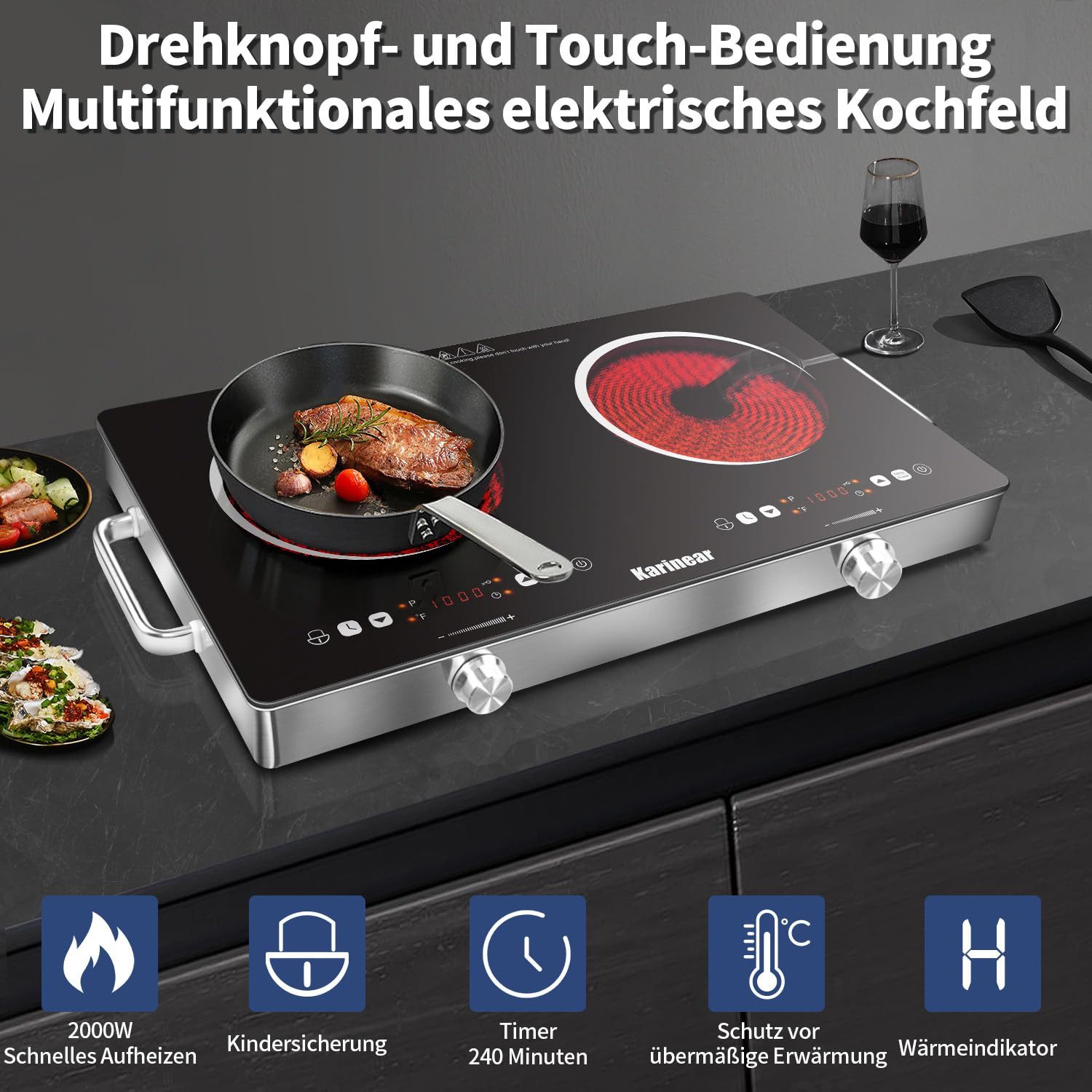 Karinear Induktions-Kochfeld Kochplatten 2er Elektrisch mit Stecker, 3200W 2 Kochfelder, 240V – Bild 4 von 5