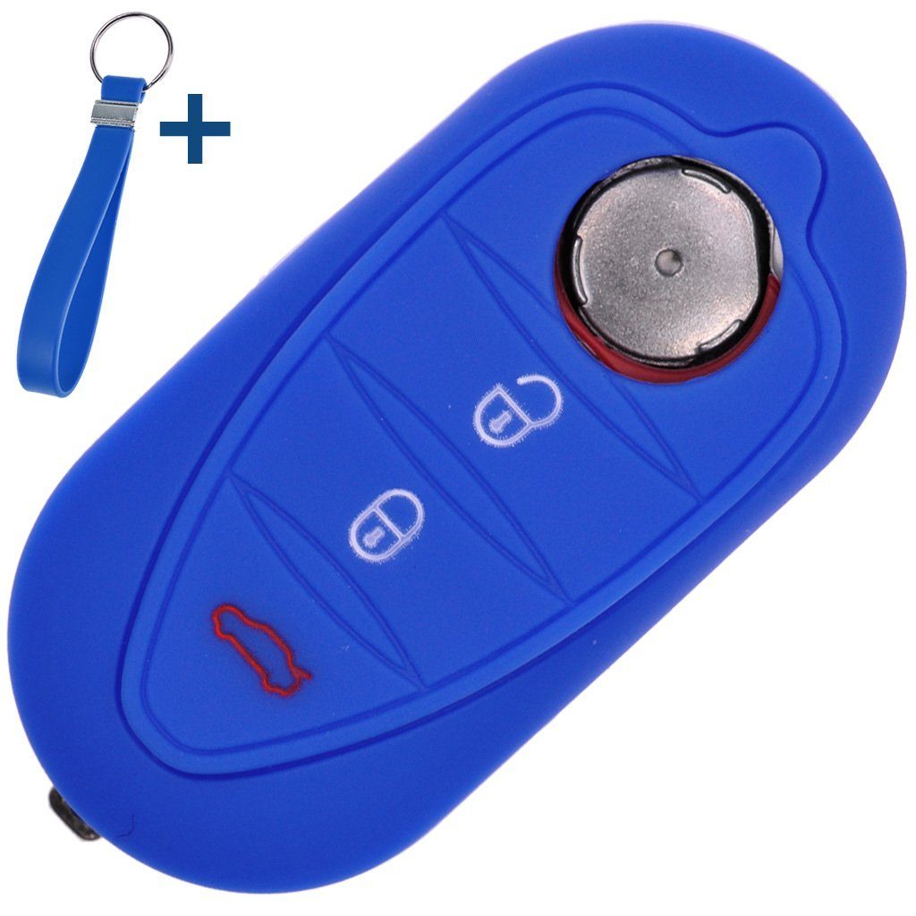 mt-key Schlüsseltasche Autoschlüssel Silikon Schutzhülle mit passendem Schlüsselband, für ALFA Romeo Mito Giulietta 940 4C ab 2008 3 Tasten Klappschlüssel Blau