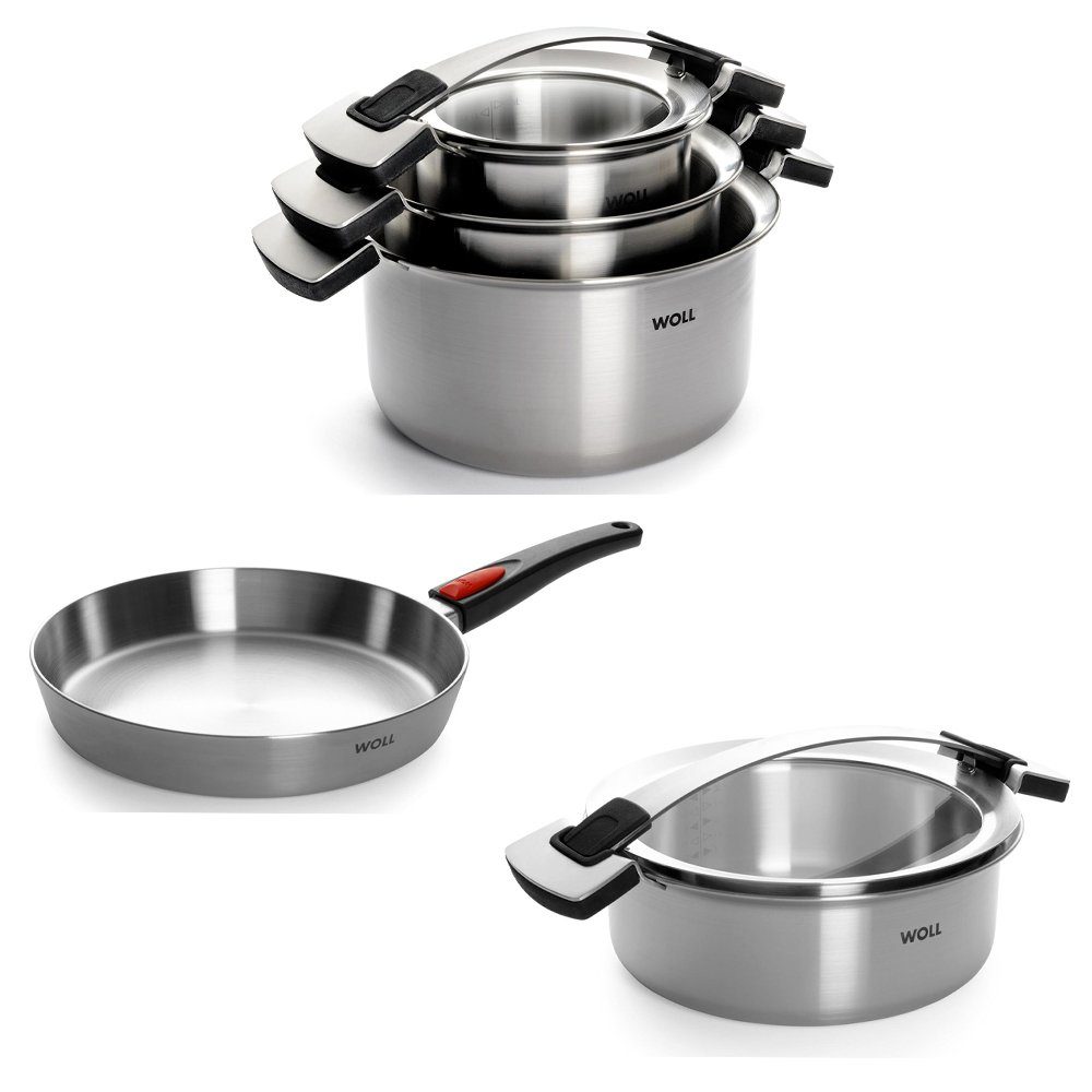 WOLL MADE IN GERMANY °C, mit Pfanne, 220 Stielgriff Seitengriffe zu (Pfanne), 5-tlg), induktionsgeeignet, Edelstahl 5-lagiges Concept Topf-Set feste Pro multifunktionales (Set, bis Deckel Topf-Set Induktion, Deckelsystem, Mehrschicht-Material, 5-tlg. abnehmbarer backofenfest inkl. (Töpfe)