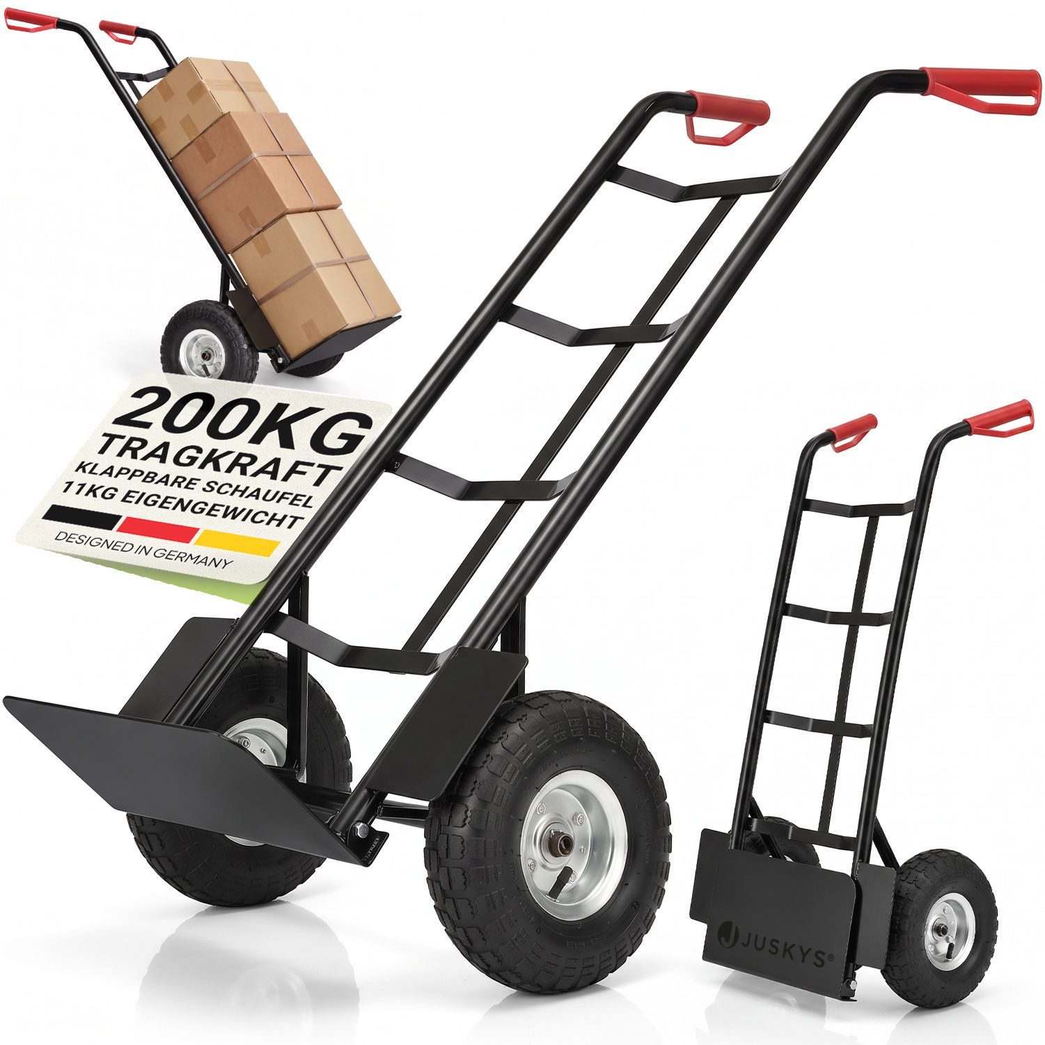 Juskys Sackkarre Basic in Schwarz-Rot bis 200 kg aus Stahl, Luftreifen & Klappschaufel, Transportkarre mit Handschutzbügel, 118 cm hoch, …