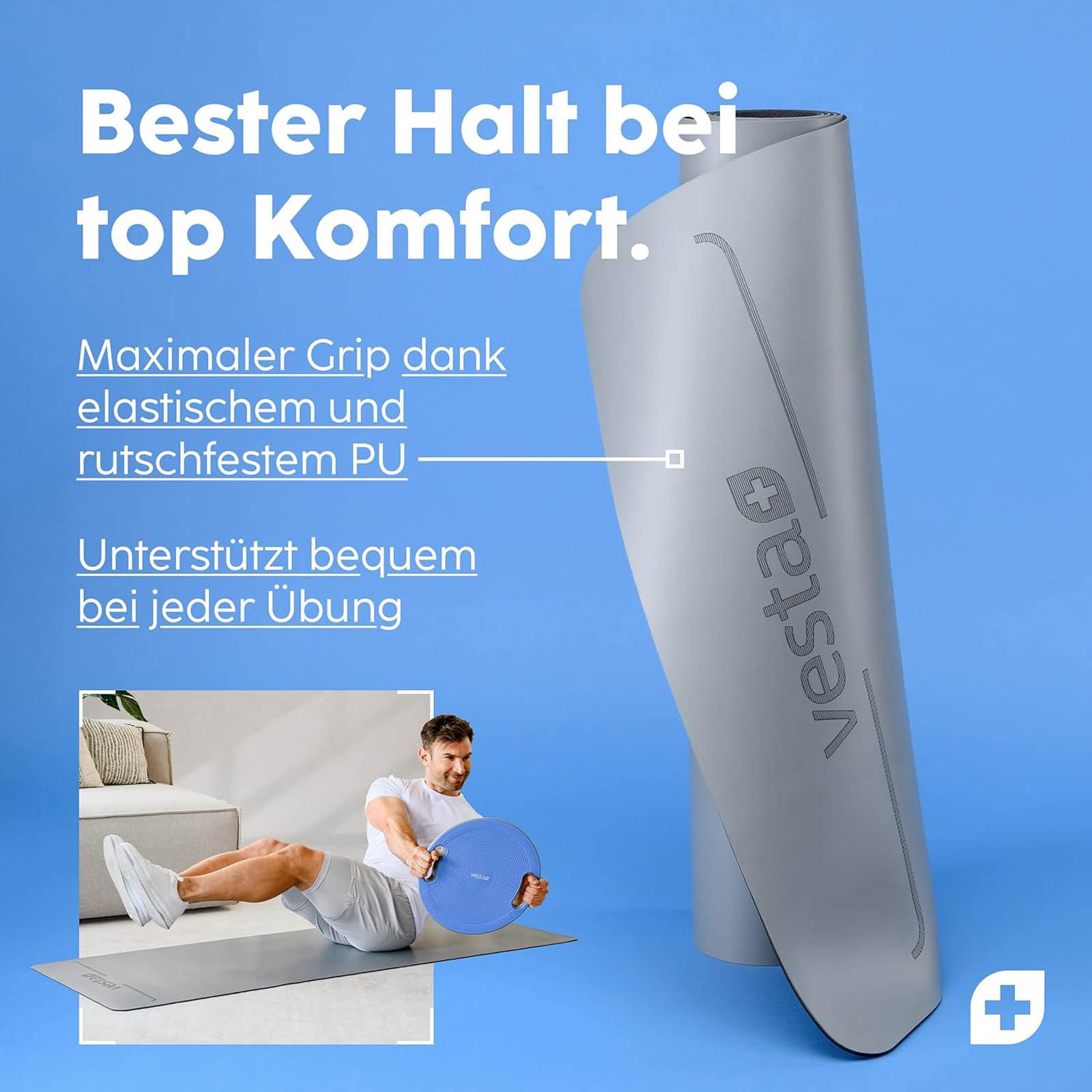 Vesta+ Yogamatte Premium Fitnessmatte Sportmatte Gymnastikmatte, Naturkautschuk Rutschfest 183 x 65 cm Dicke 0,4 cm