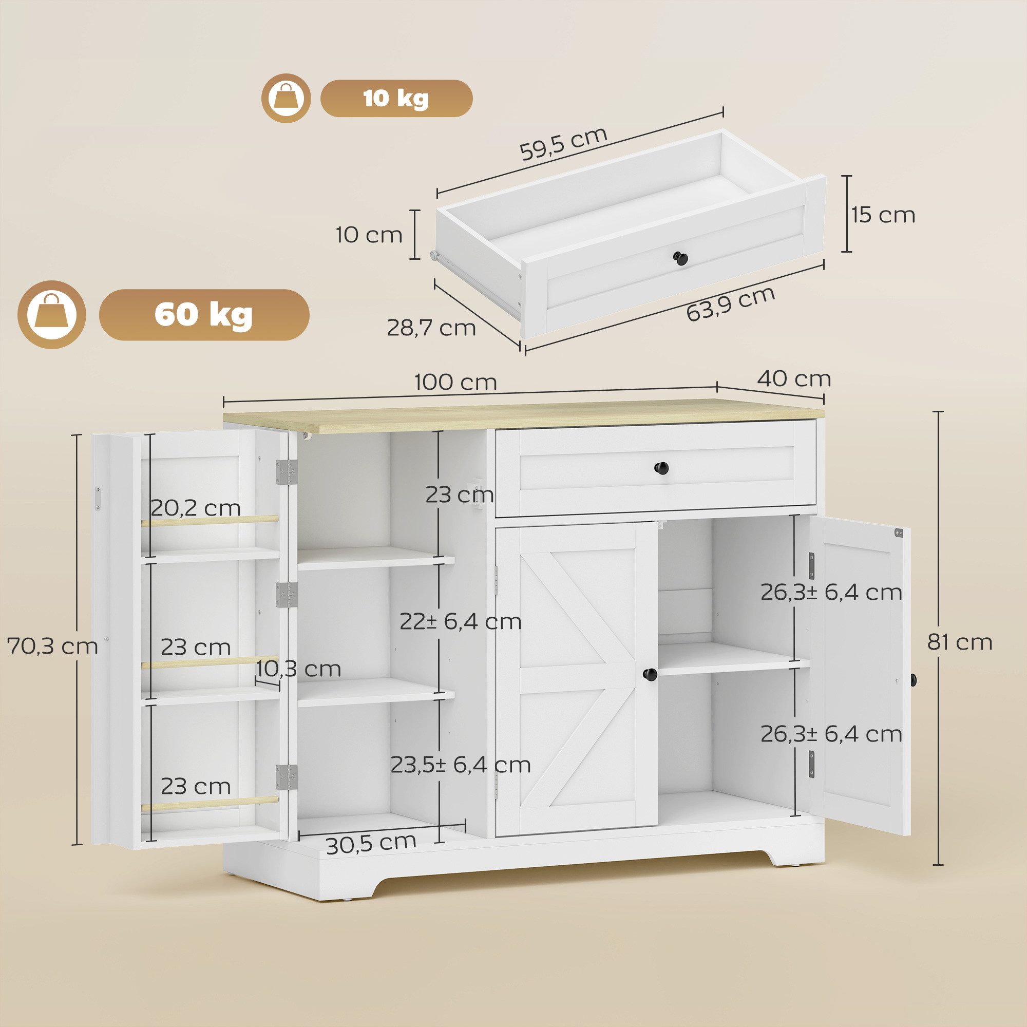 HOMCOM Sideboard Küchenschrank mit Schublade, 3 Türen, Gewürzhalter (Buffetschrank, 1 St., Aufbewahrungsschrank), 100 x 40 x 81 cm Weiß